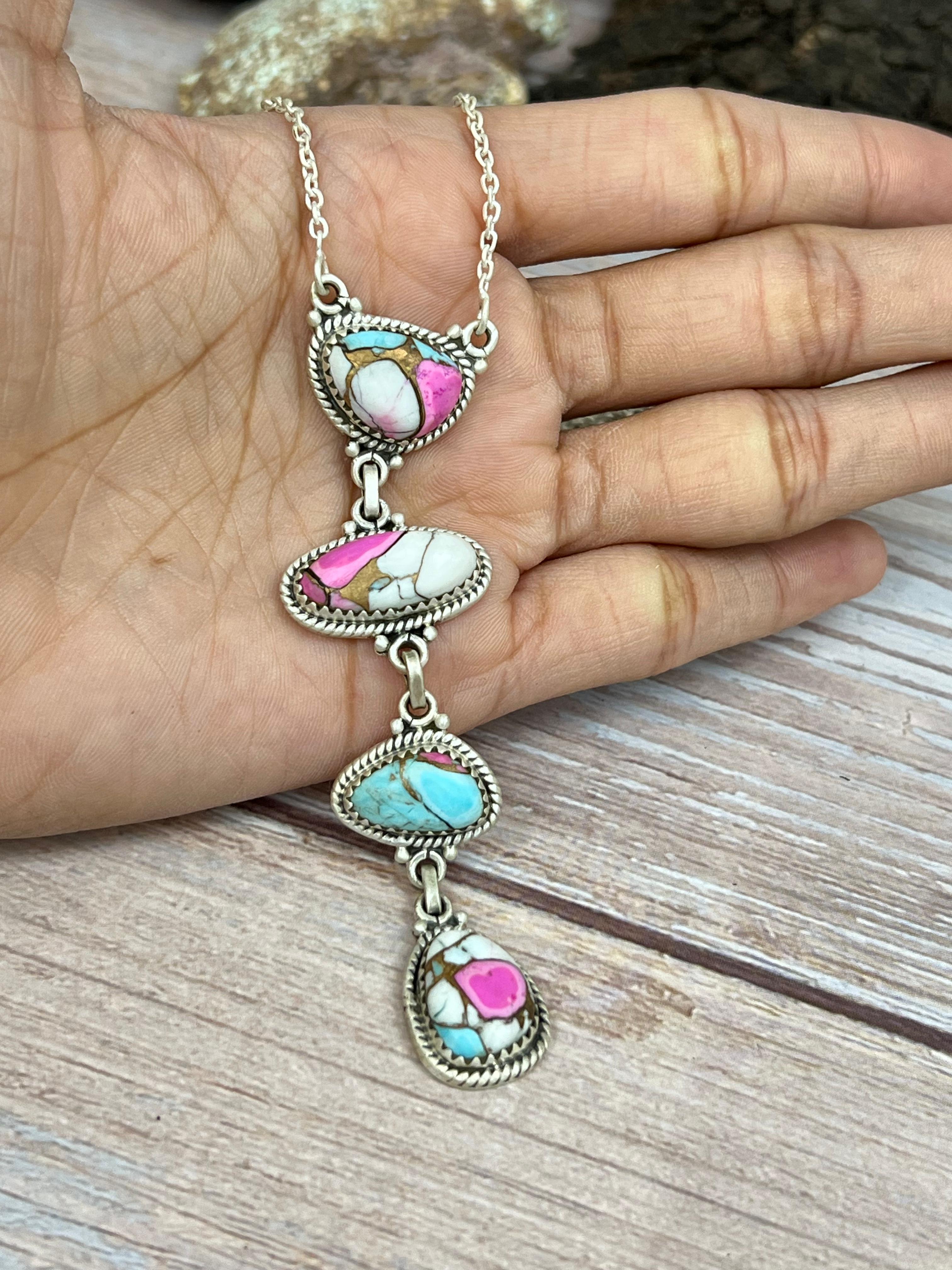 Handmade Sterling Silver Cotton Candy Turquoise Necklace with Signed Nizhoni