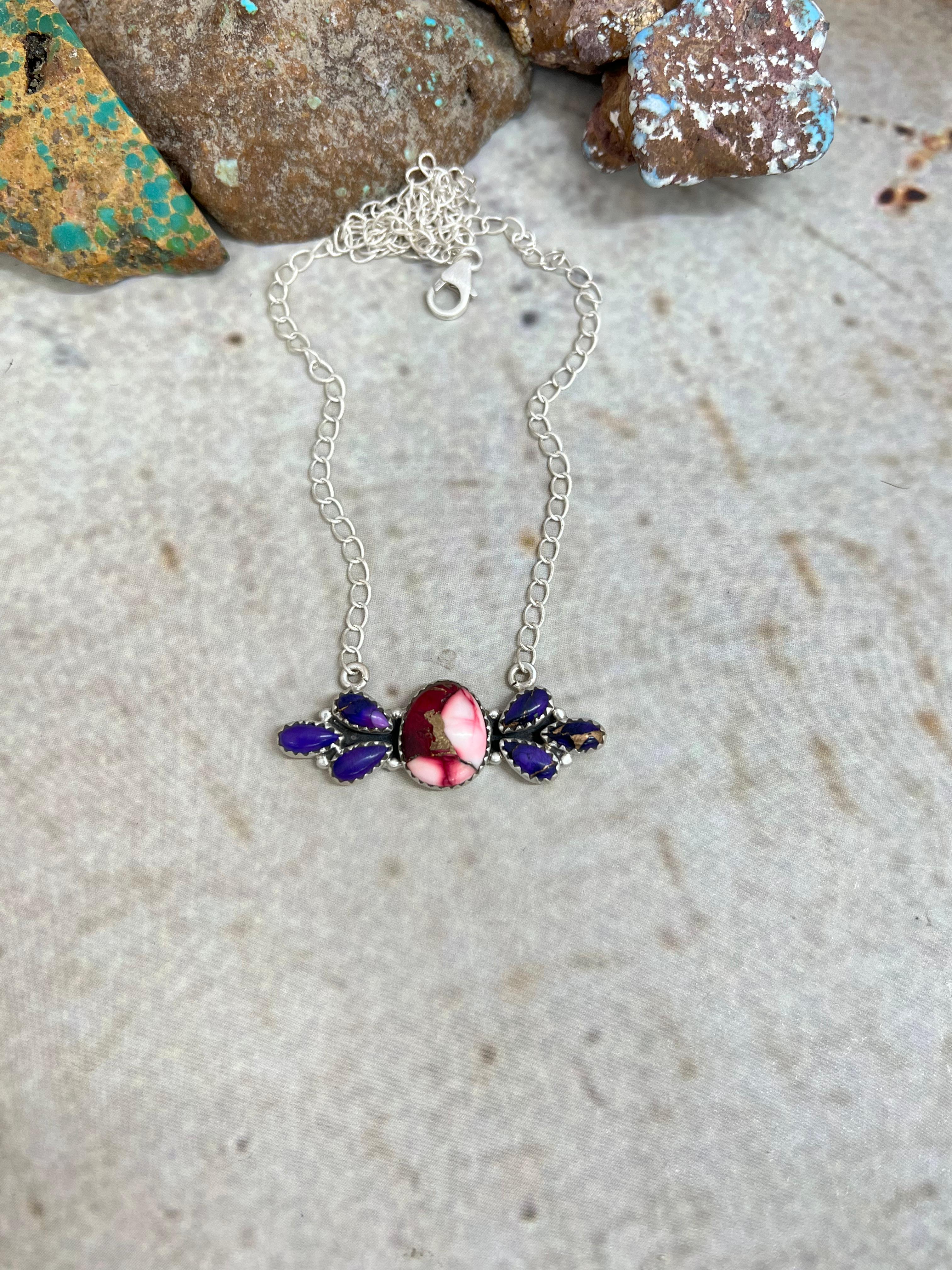 Handmade Sterling Silver Grape Dahlia with Dahlia Rose Necklace with Signed Nizhoni