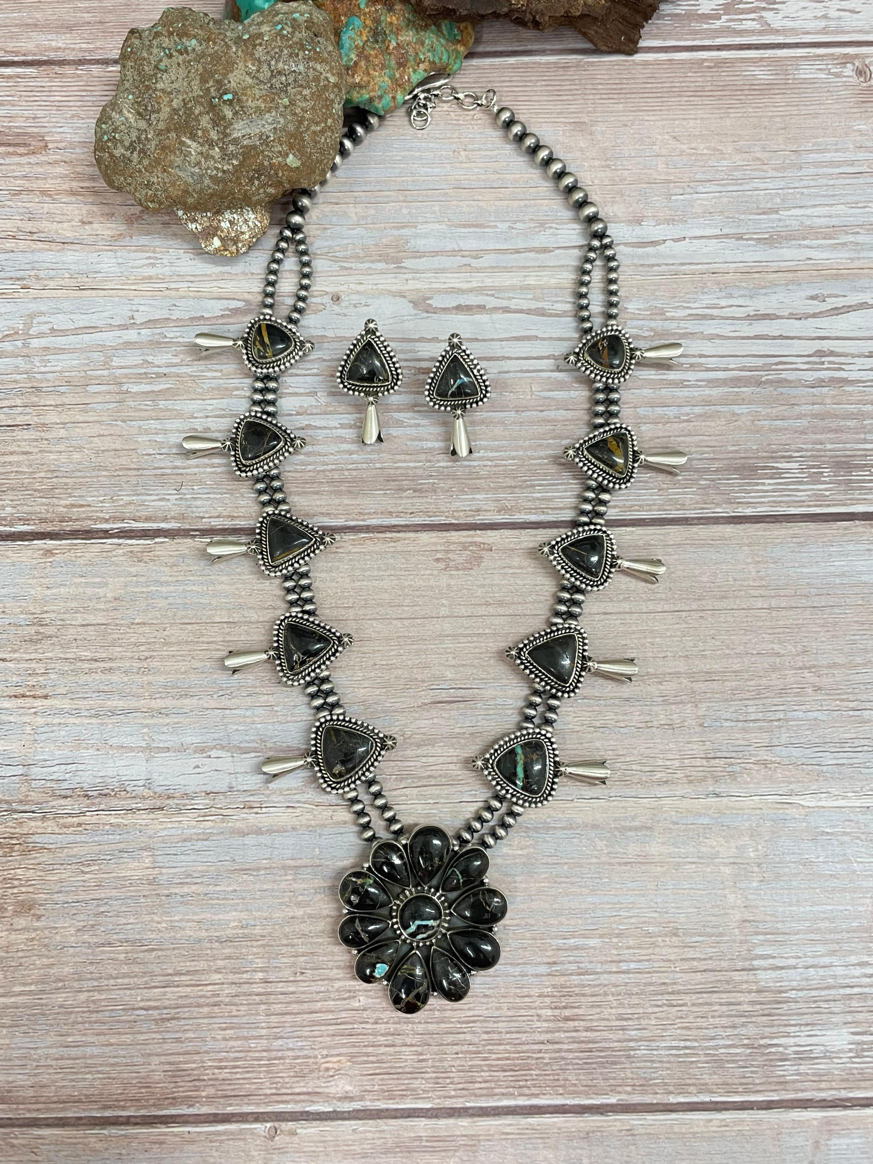 Handmade Sterling Silver Blackjack Turquoise Beaded Necklace Earrings Set with Signed Nizhoni