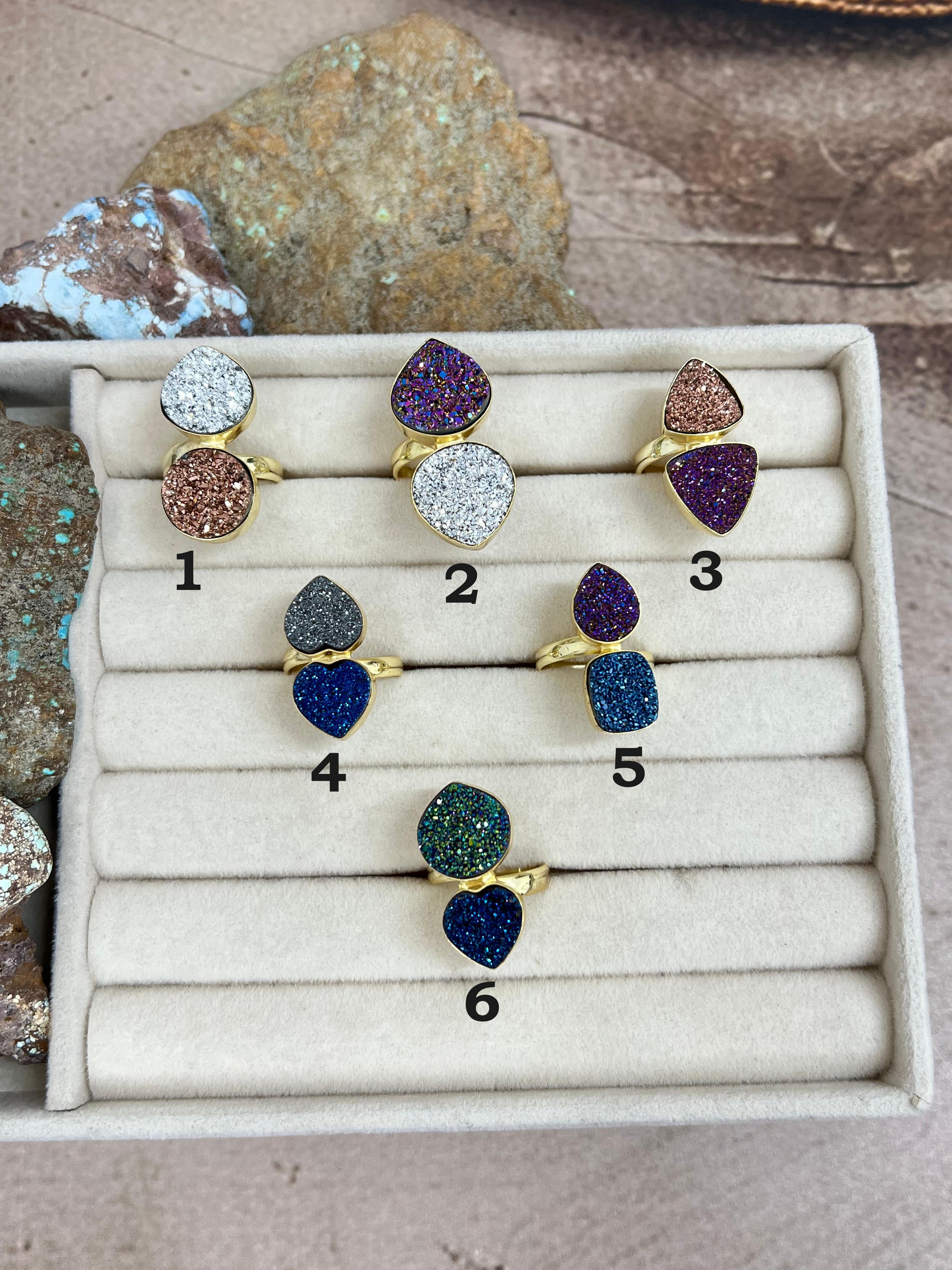 “The Boho Collection” Handmade Natural Druzy 2 Stone Adjustable Ring