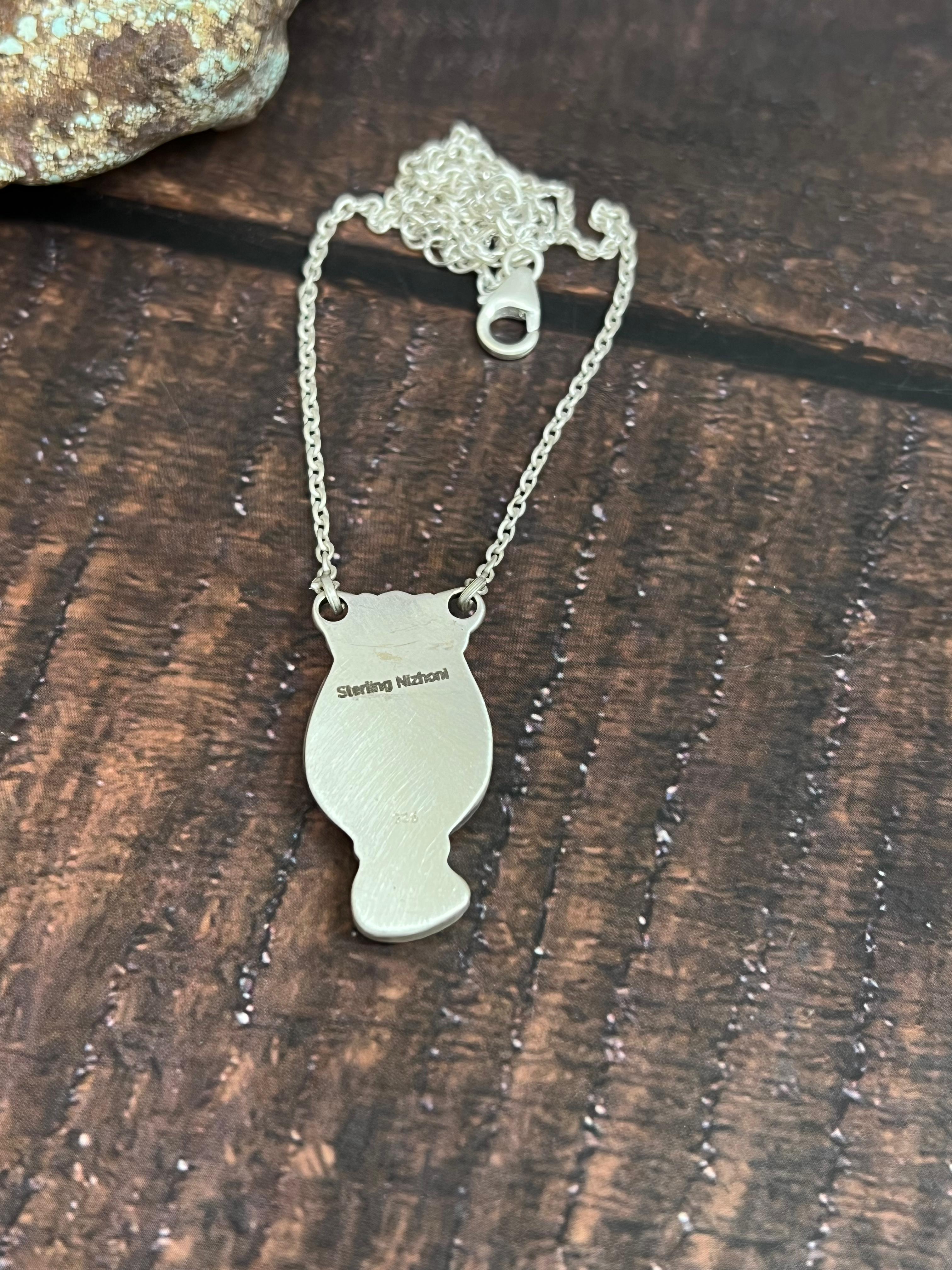 Handmade Sterling Silver Dahlia Rose, Kingman Turquoise Necklace with Signed Nizhoni