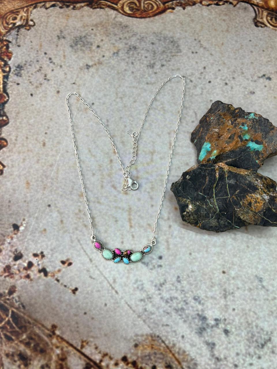 Handmade Sterling Silver Paloma with Cotton Candy Necklace "Signed Nizhoni"