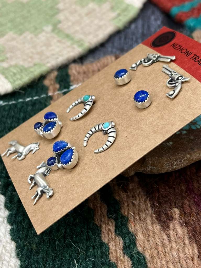 Handmade Sterling Silver Kingman Turquoise and Lapis Post Studs (Card) with Signed Nizhoni