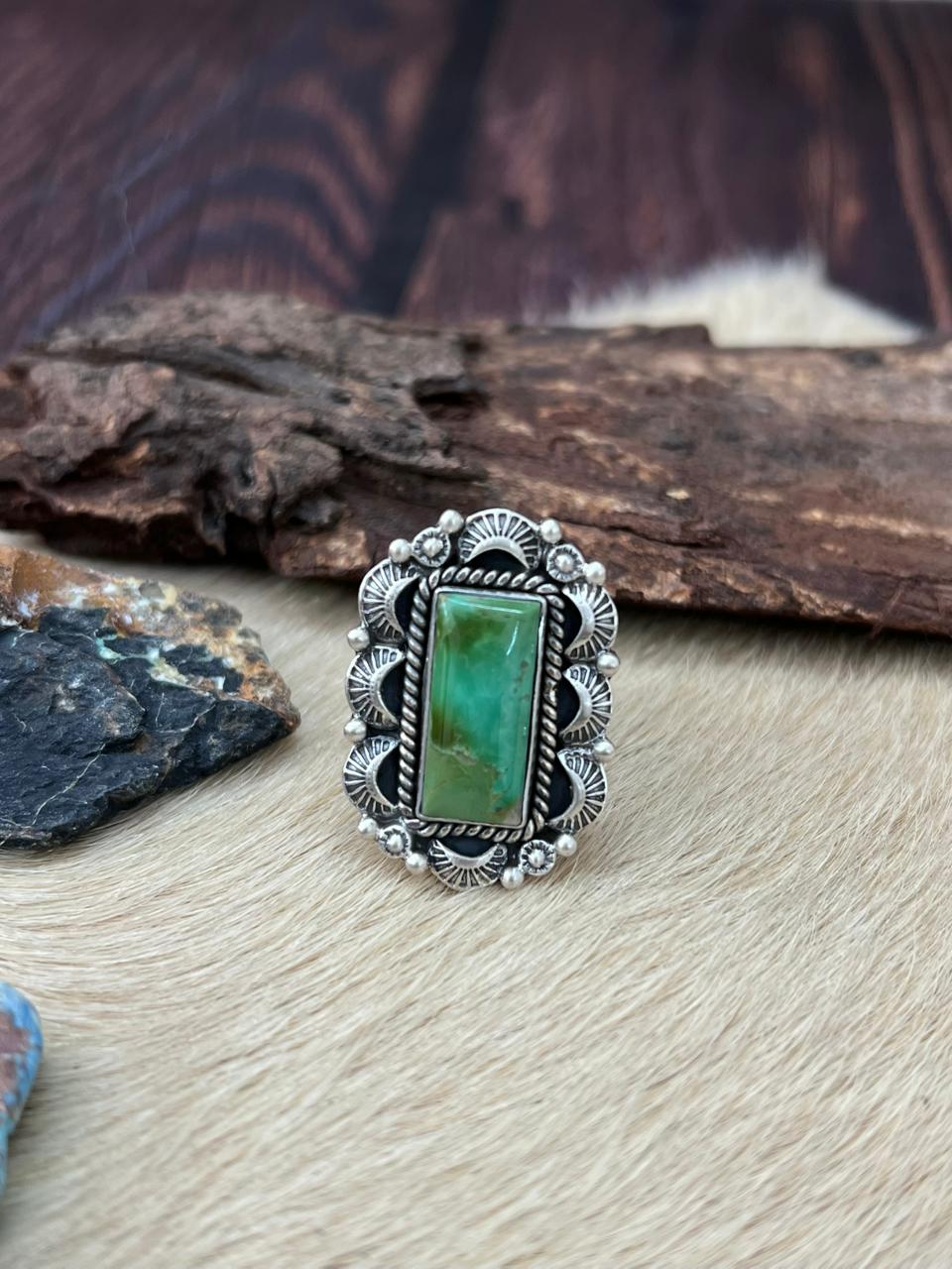 Handmade Sterling Silver Kingman Turquoise Adjustable Ring "Signed Nizhoni"