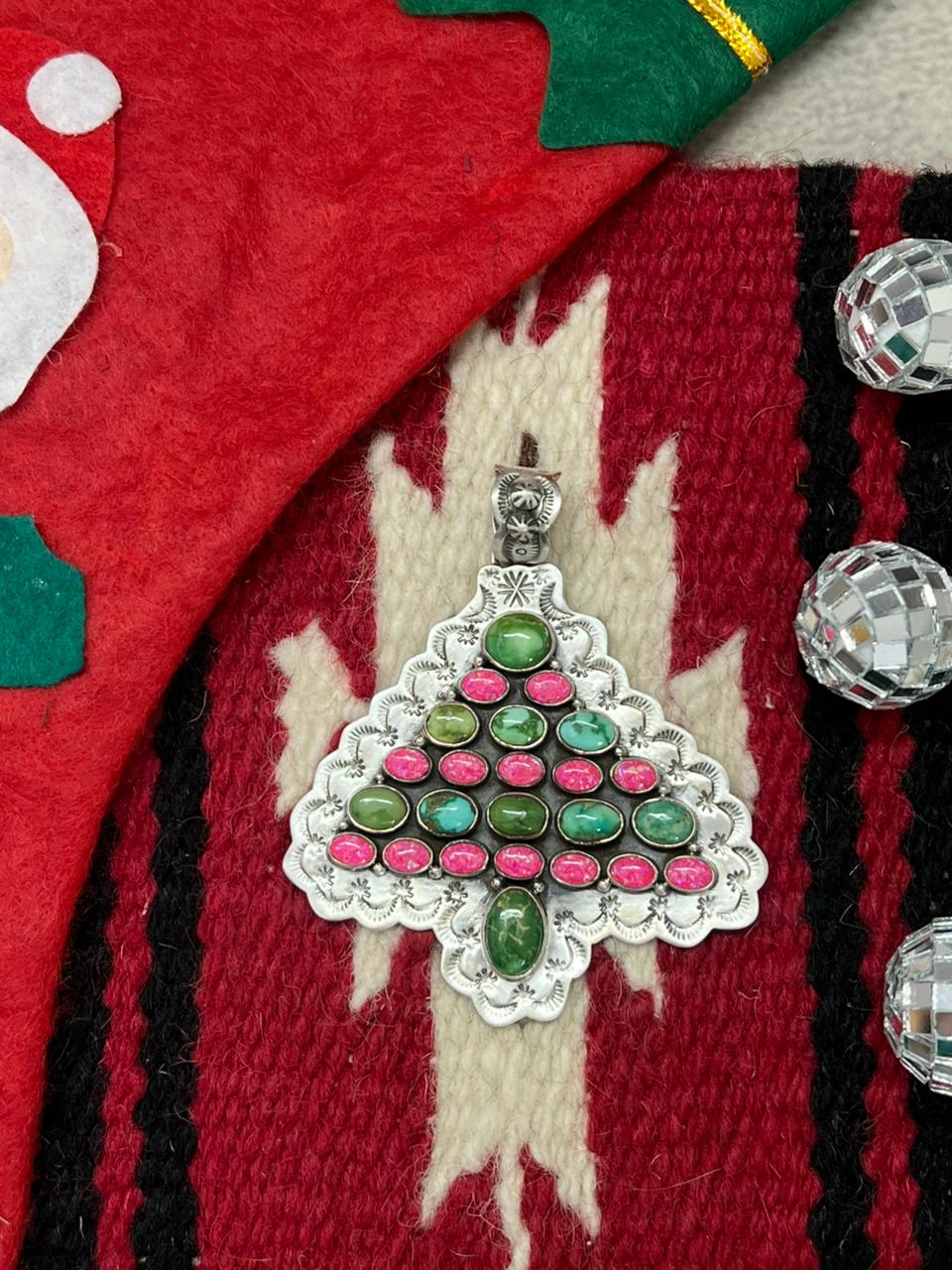 "Christmas Collection" Handmade Sterling Silver Hot Pink with Sonoran Mountain Turquoise Pendant "Signed Nizhoni"