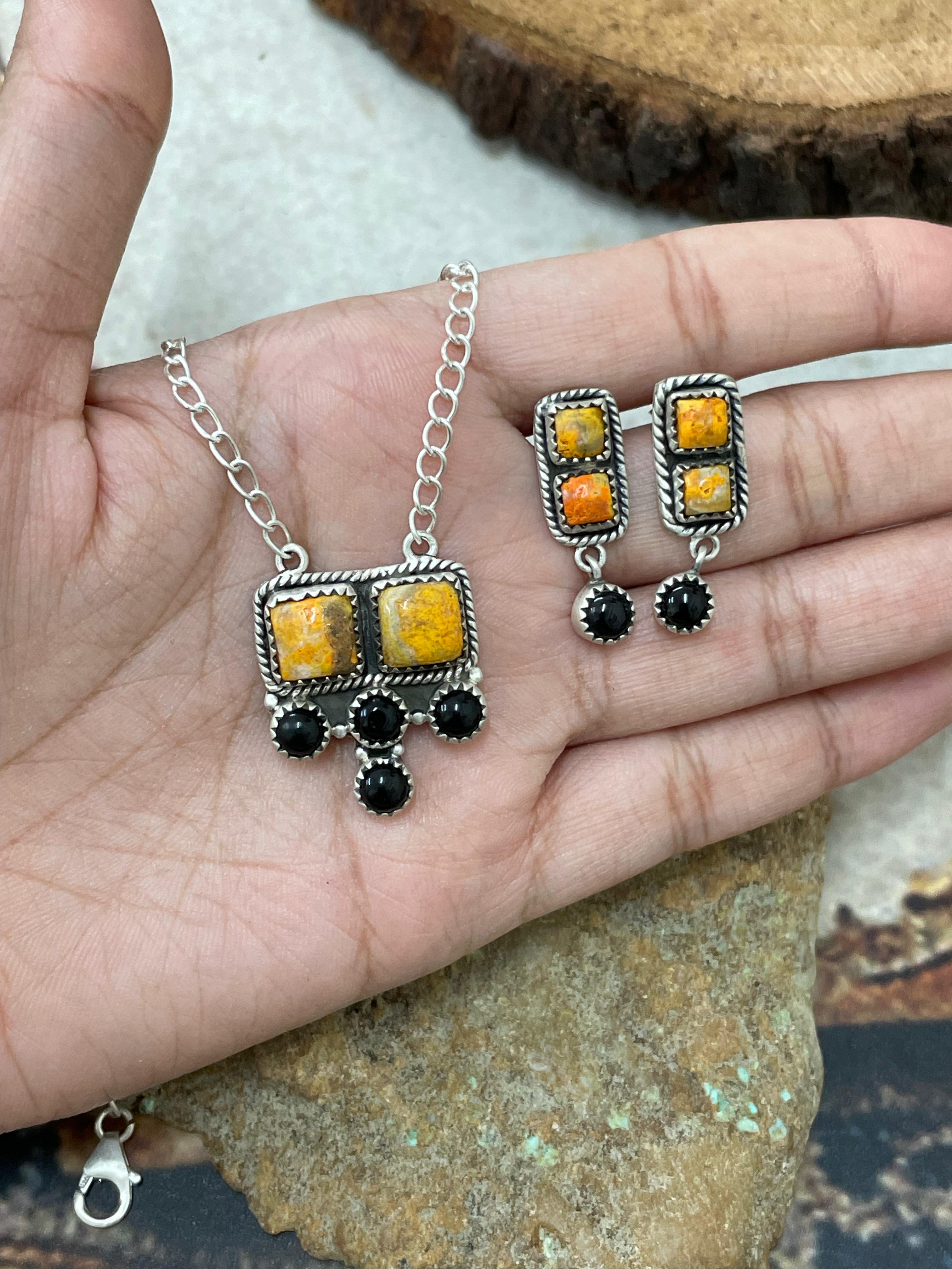 "Halloween Collection" Handmade Sterling Silver Black Onyx, Bumblebee Necklace with Signed Nizhoni