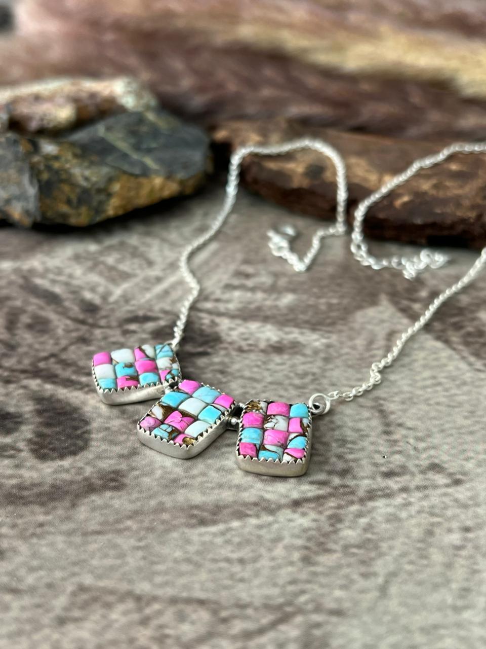 Handmade Sterling Silver Cotton Candy Cobble Stone Necklace "Signed Nizhoni"