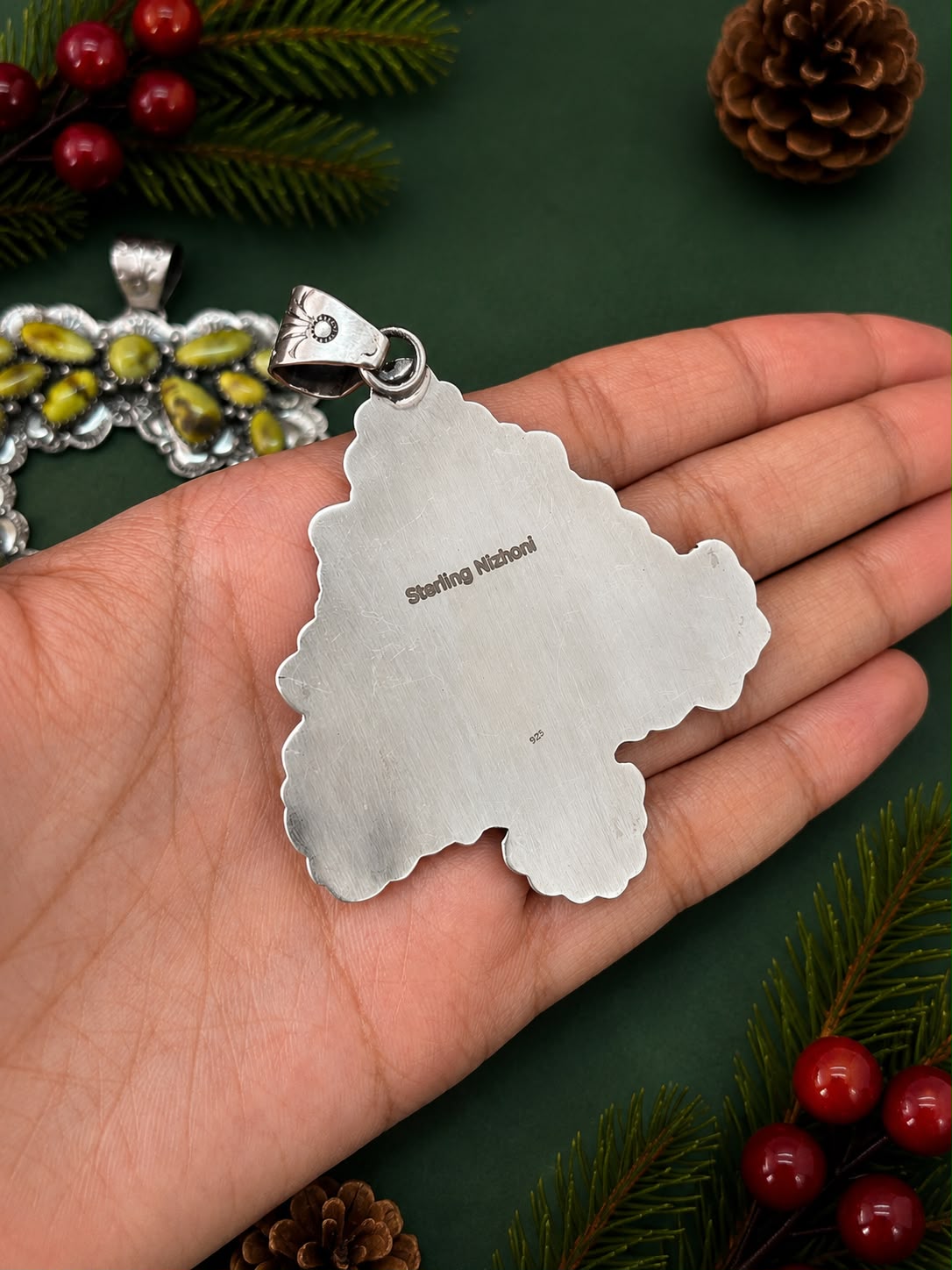 Handmade Sterling Silver Palomino, Golden Hills, Blackjack and White Water Turquoise Christmas Ornaments Collection: Pendant Signed Nizhoni