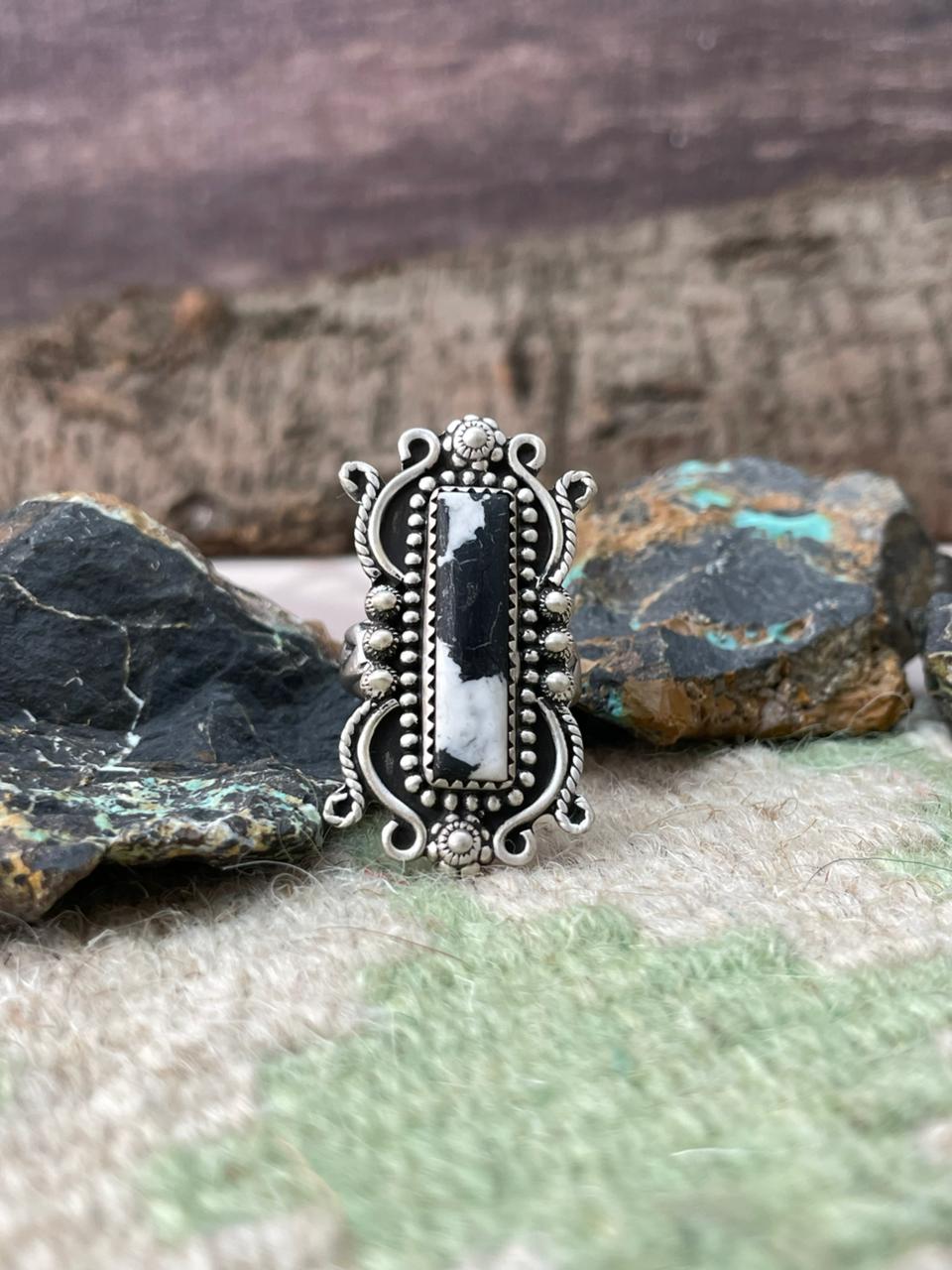 Handmade Sterling Silver White Buffalo Adjustable Ring "Signed Nizhoni"