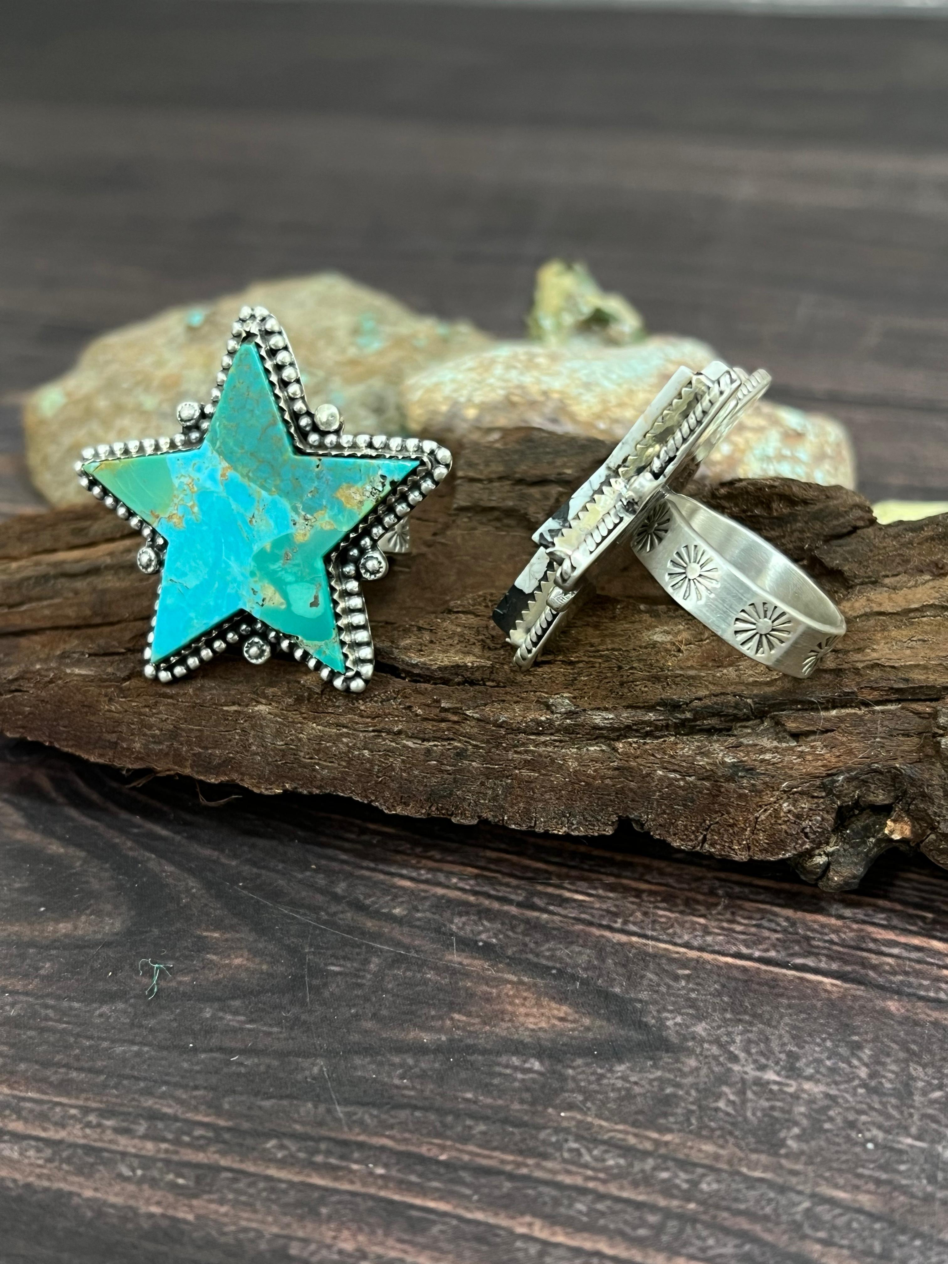Handmade Sterling Silver White Buffalo, Kingman Turquoise Star Adjustable Ring, Signed Nizhoni (1)