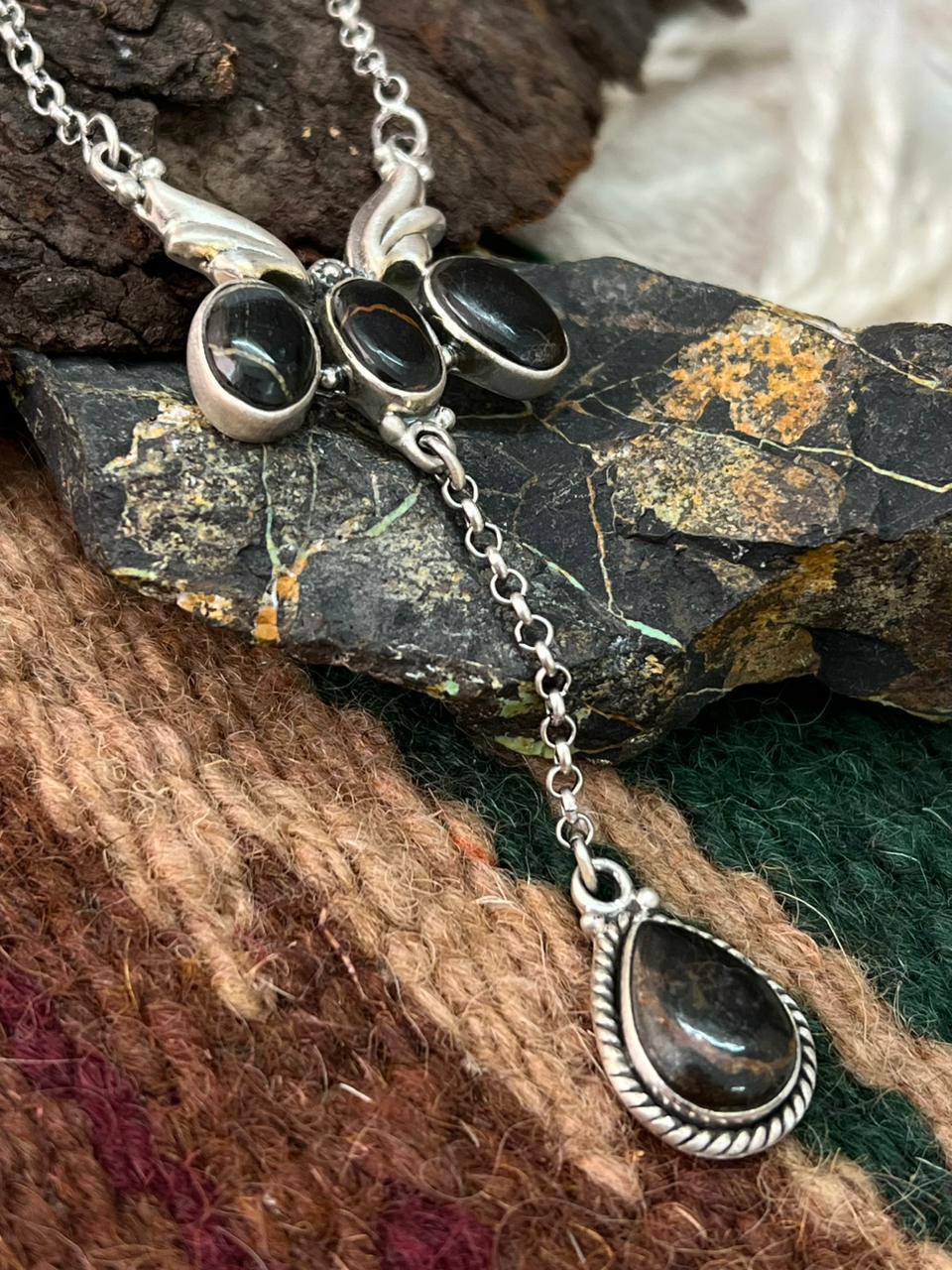 Handmade Sterling Silver Blackjack Turquoise Drop Necklace "Signed Nizhoni"