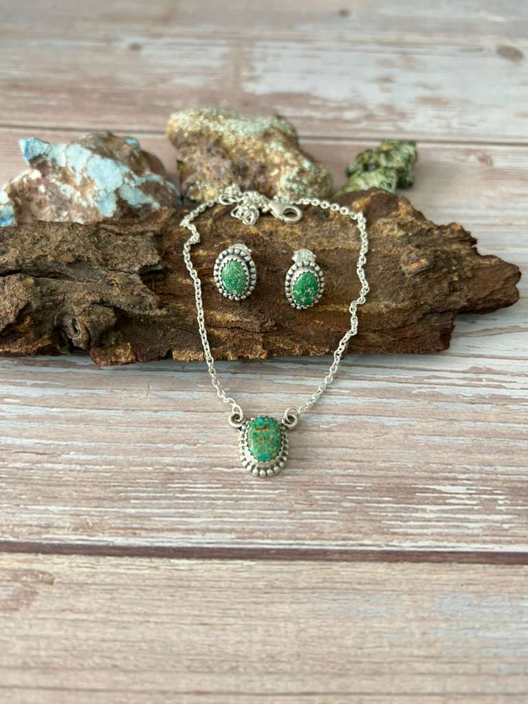 Handmade Sterling Silver Emerald Valley Turquoise Necklace Earrings Set with Signed Nizhoni (2)