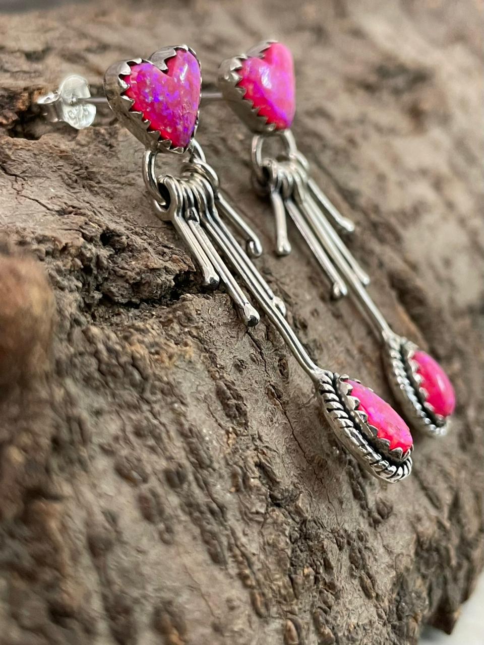 "Heart Collection" Handmade Sterling Silver Hot Pink Post Dangle Earrings "Signed Nizhoni"