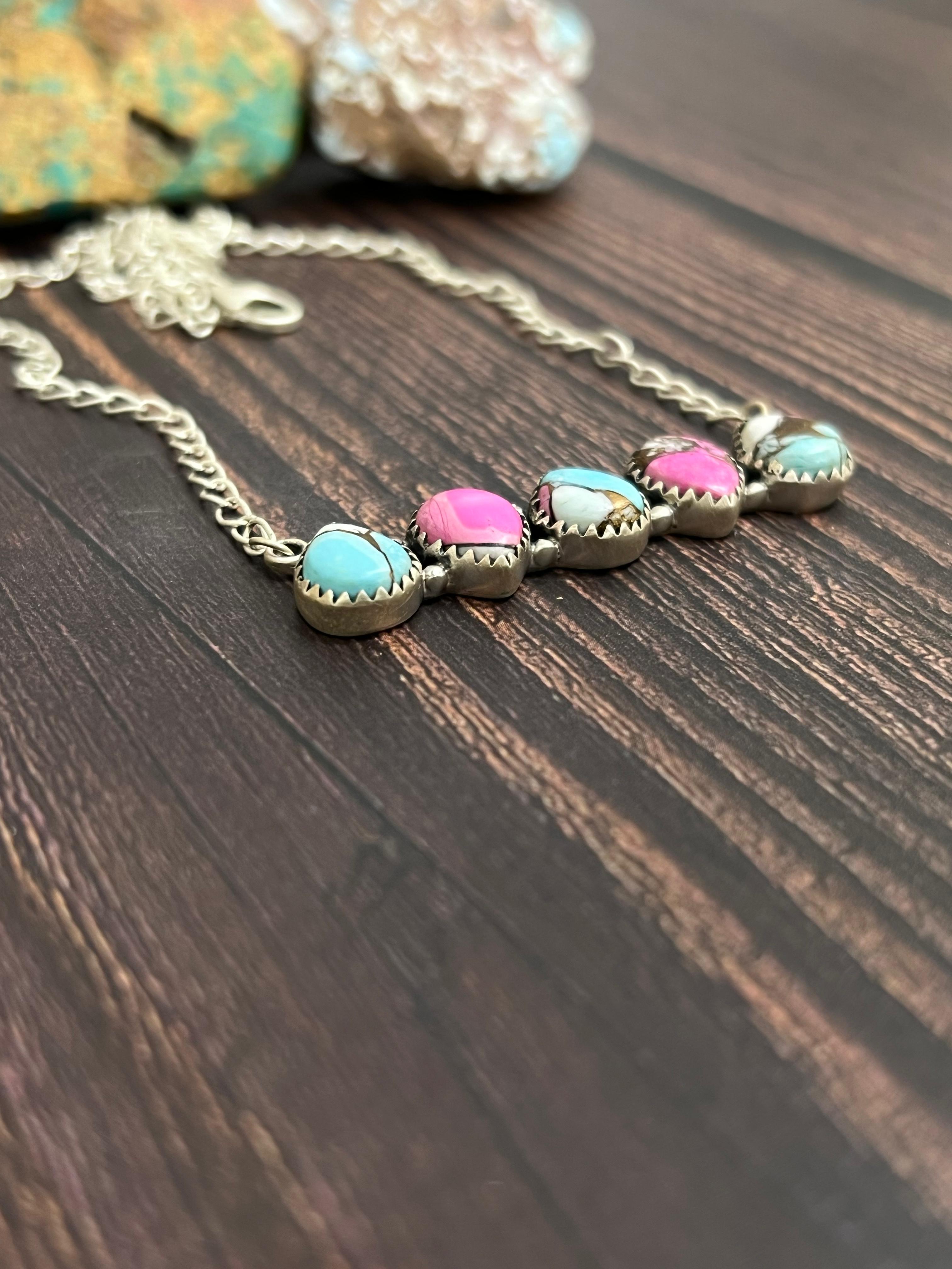 Handmade Sterling Silver Cotton Candy Turquoise Necklace with Signed Nizhoni