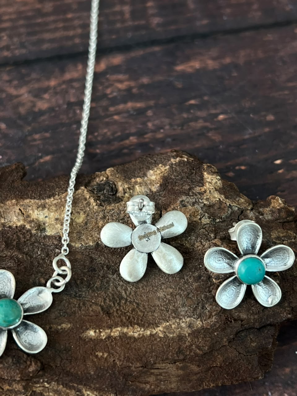 Handmade Sterling Silver Kingman Turquoise Necklace and Earrings Set Signed Nizhoni
