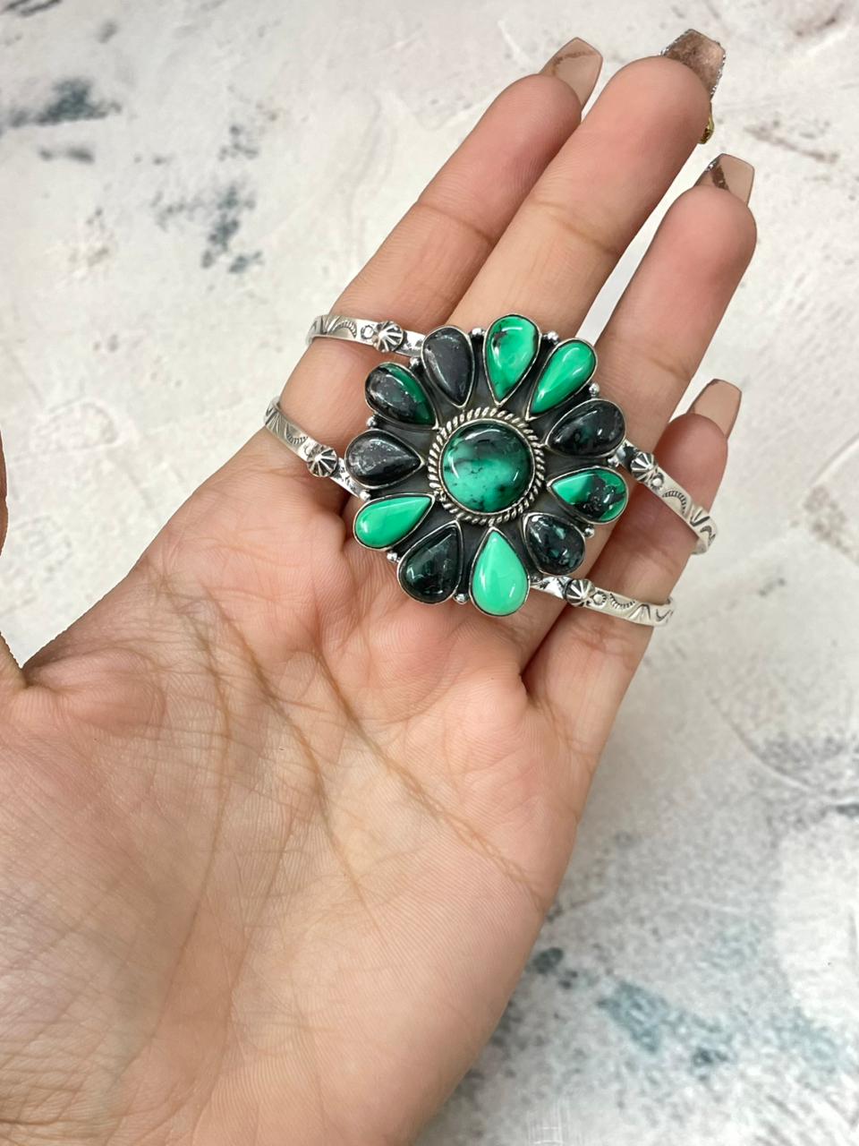 Handmade Sterling Silver Emerald Rose Cuff Bracelet "Signed Nizhoni"