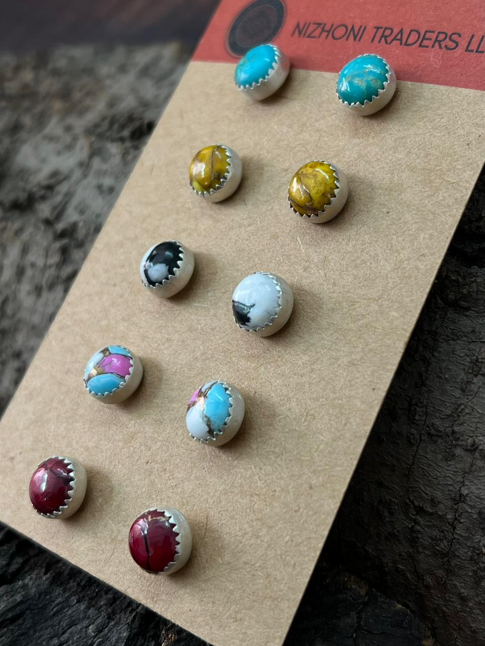 Handmade Sterling Silver Multi Stones Post Studs Earrings Set