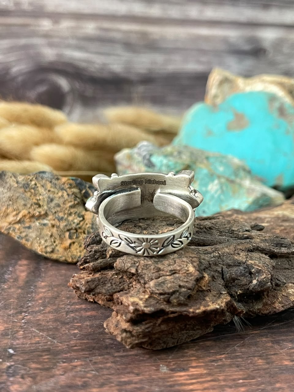 Handmade Sterling Silver Kingman Turquoise NFR Collection: Adjustable Ring Signed Nizhoni