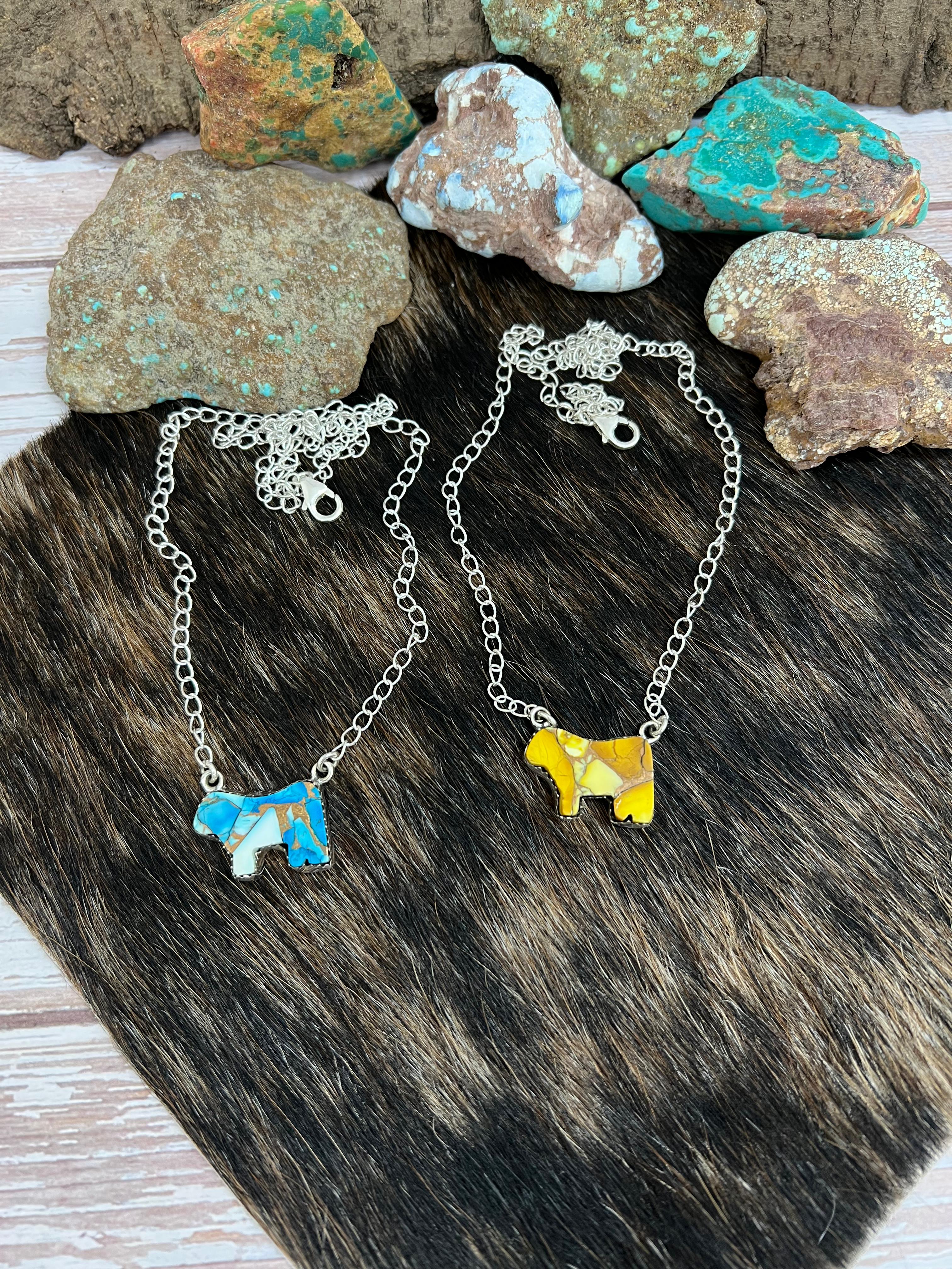 Handmade Sterling Silver Honey Dahlia, Blue Ice Rose Dahlia Bull Necklace with Signed Nizhoni