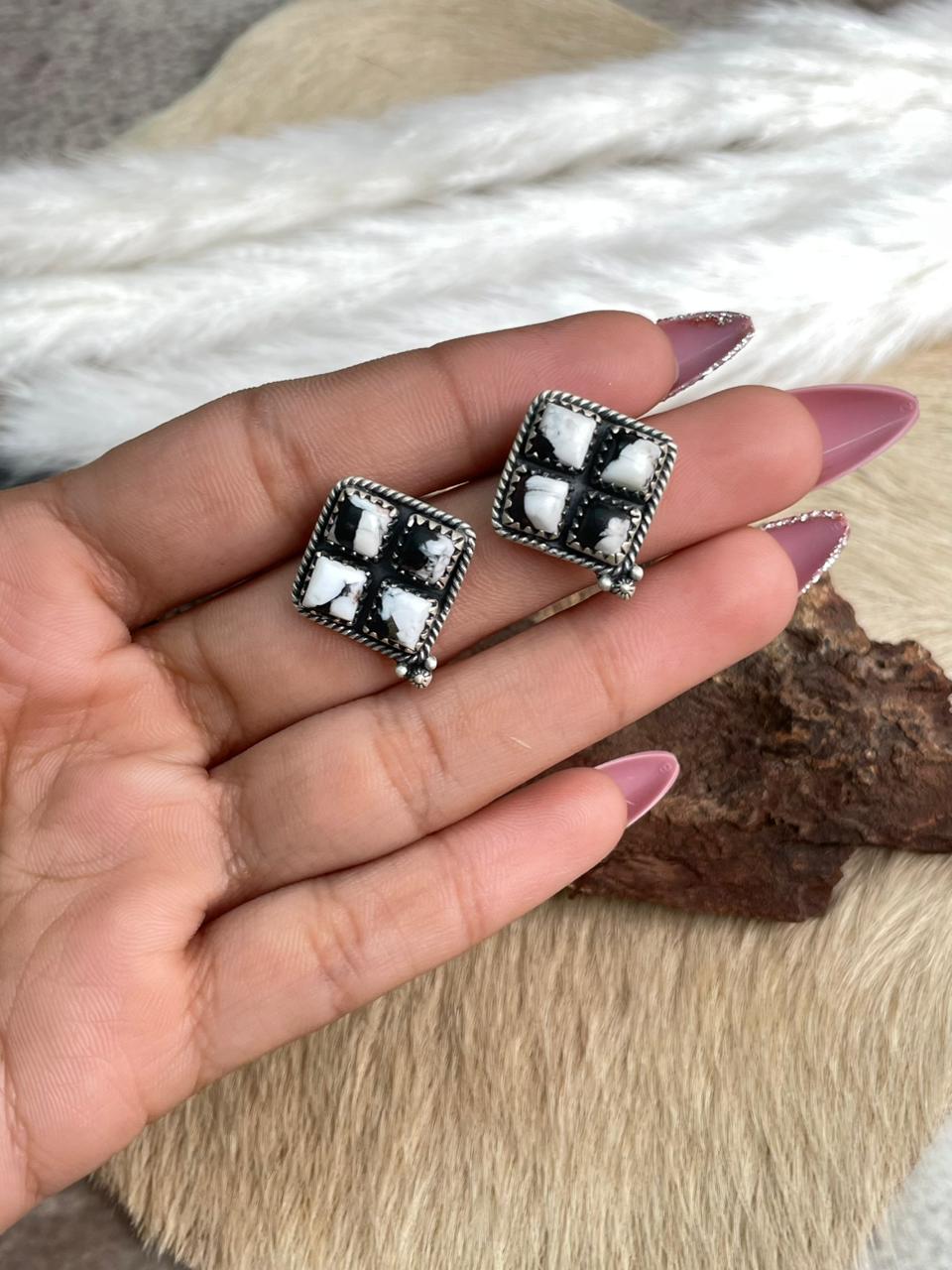 Handmade Sterling Silver White Buffalo Post Studs Earrings "Signed Nizhoni"