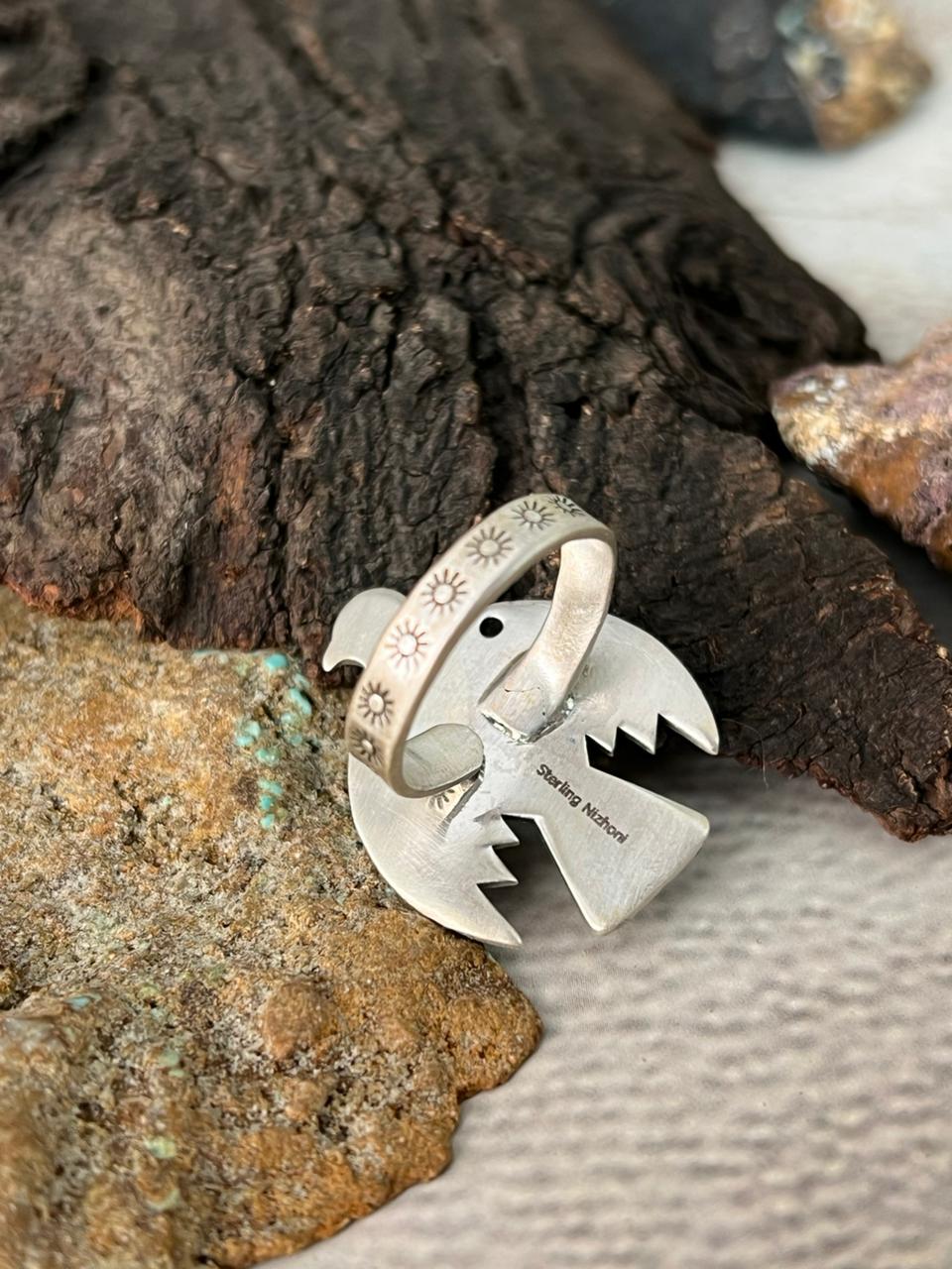 Handmade Sterling Silver Kingman Turquoise Thunder Bird Adjustable Ring "Signed Nizhoni"
