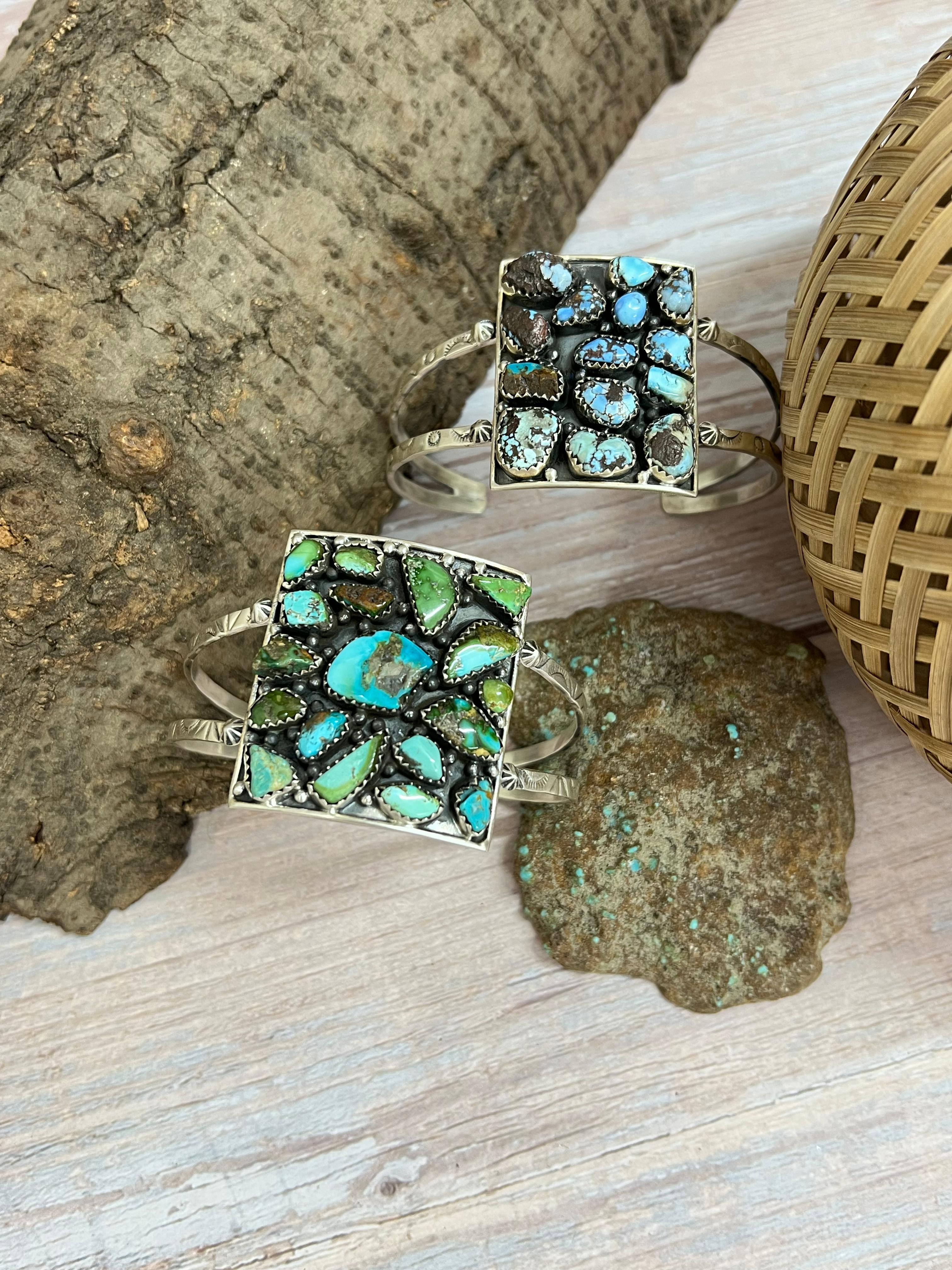 Handmade Sterling Silver Golden Hill, Sonoran Mountain Turquoise Rectangle Bracelet with Signed Nizhoni /