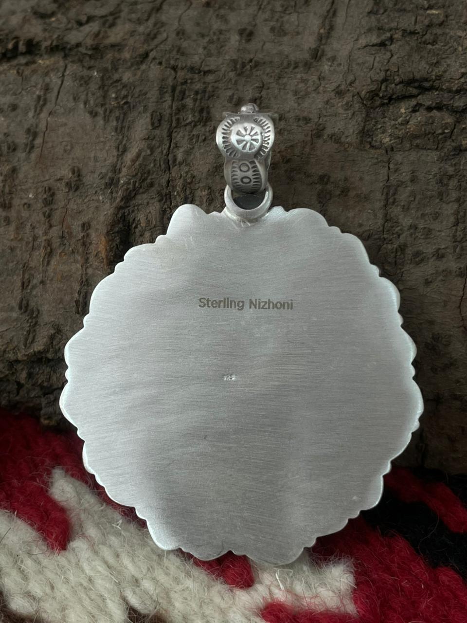 Handmade Sterling Silver Dahlia Rose with Emerald Valley Turquoise Pendant "Signed Nizhoni"