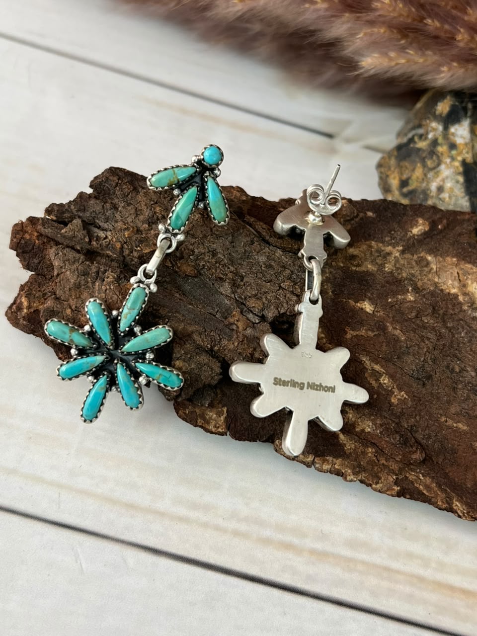 Handmade Sterling Silver Kingman Turquoise Post Dangle Earrings Signed Nizhoni
