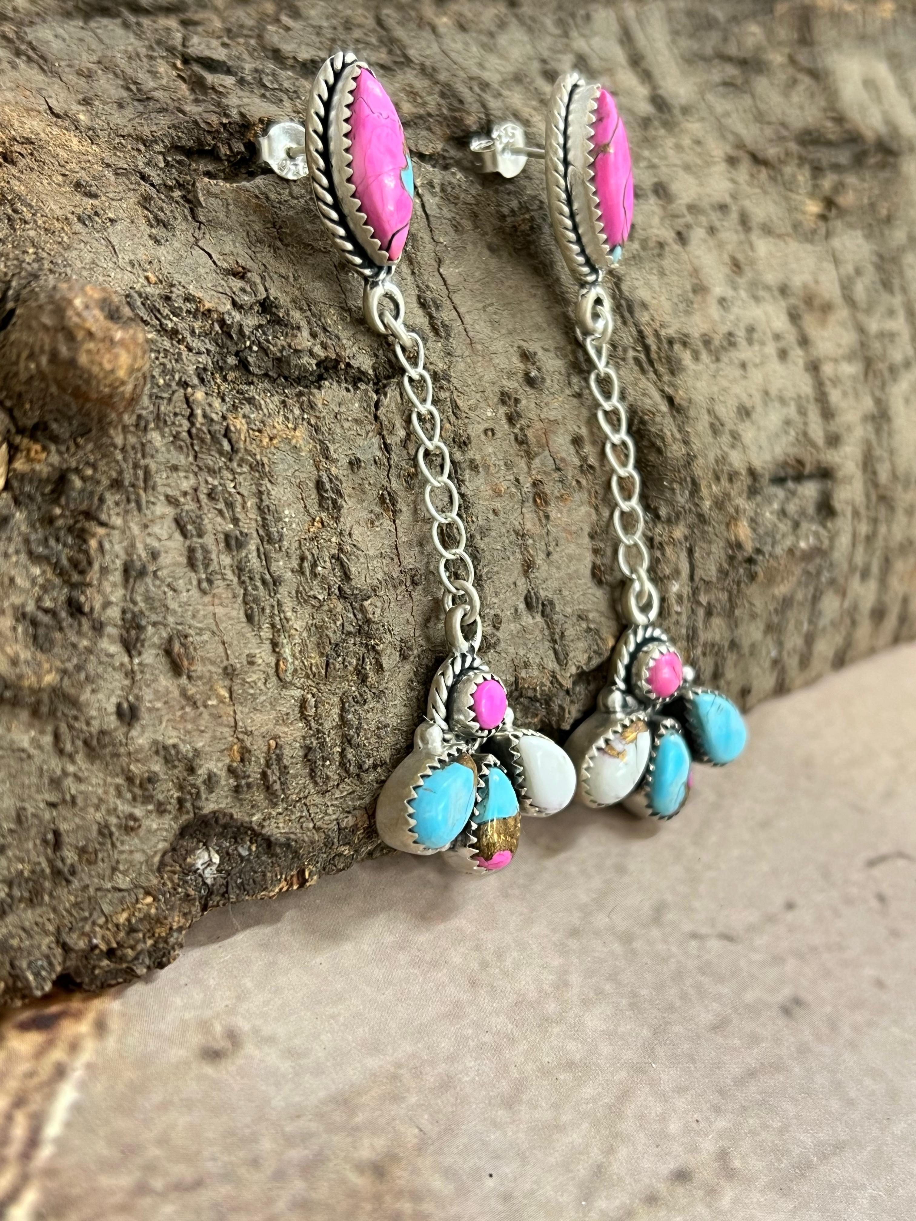 Handmade Sterling Silver Cotton Candy Turquoise Dangle Earrings with Signed Nizhoni