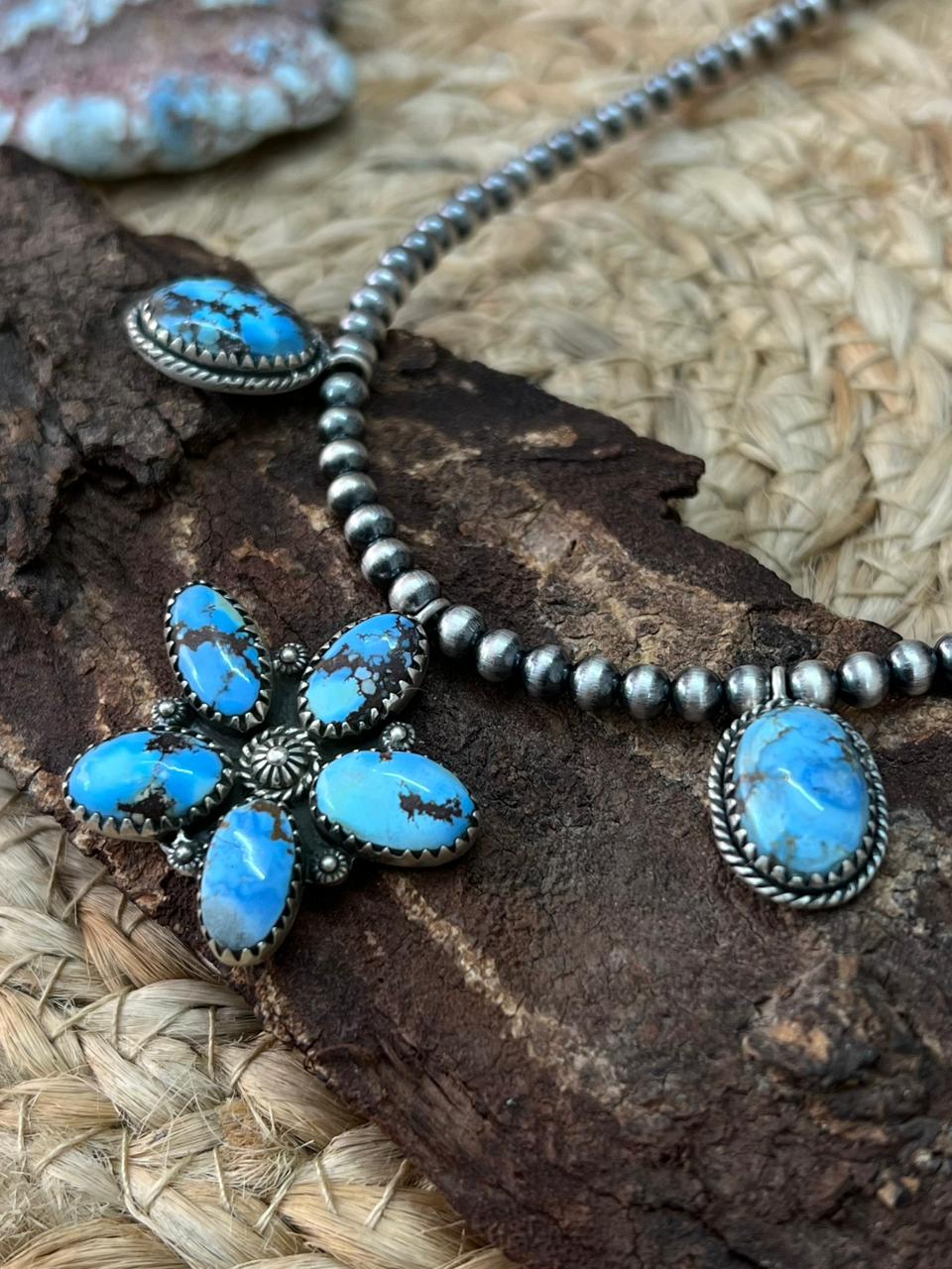 Handmade Sterling Silver Golden Hills Turquoise Beaded Necklace "Signed Nizhoni"