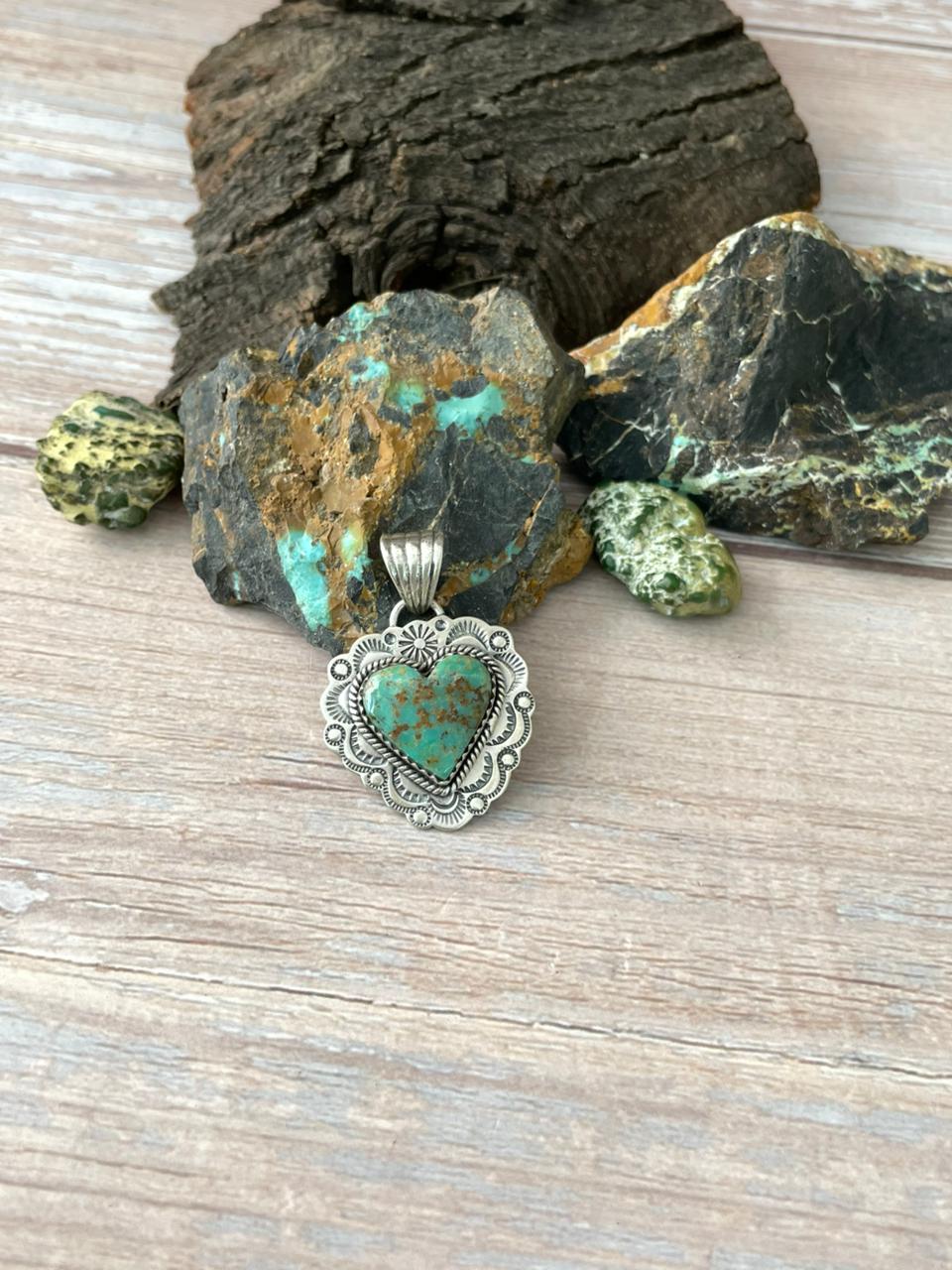 Handmade Sterling Silver Mantis Turquoise Heart Pendant " Signed Nizhoni"
