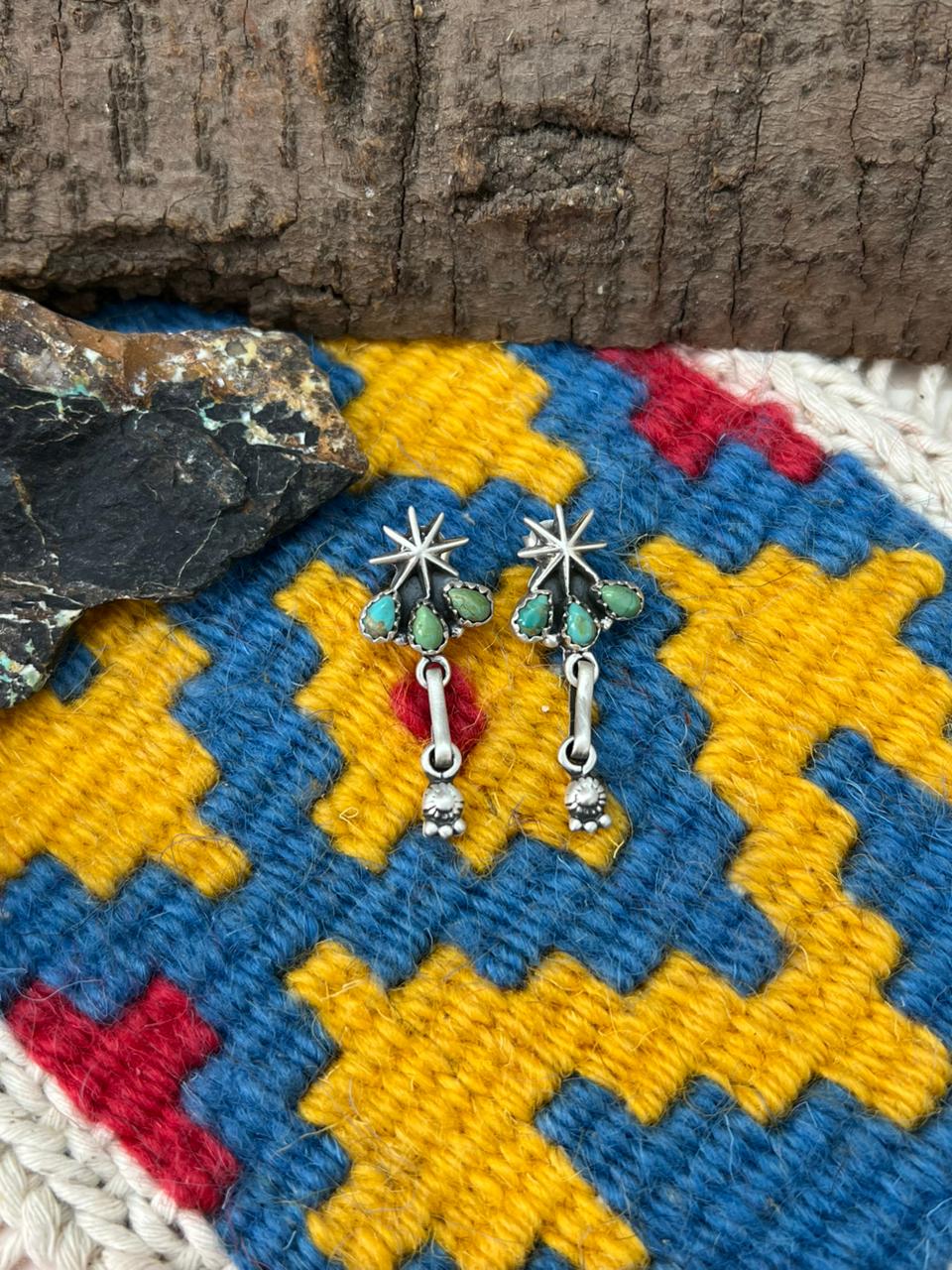 Handmade Sterling Silver Kingman Turquoise Post Dangle Earrings "Signed Nizhoni"