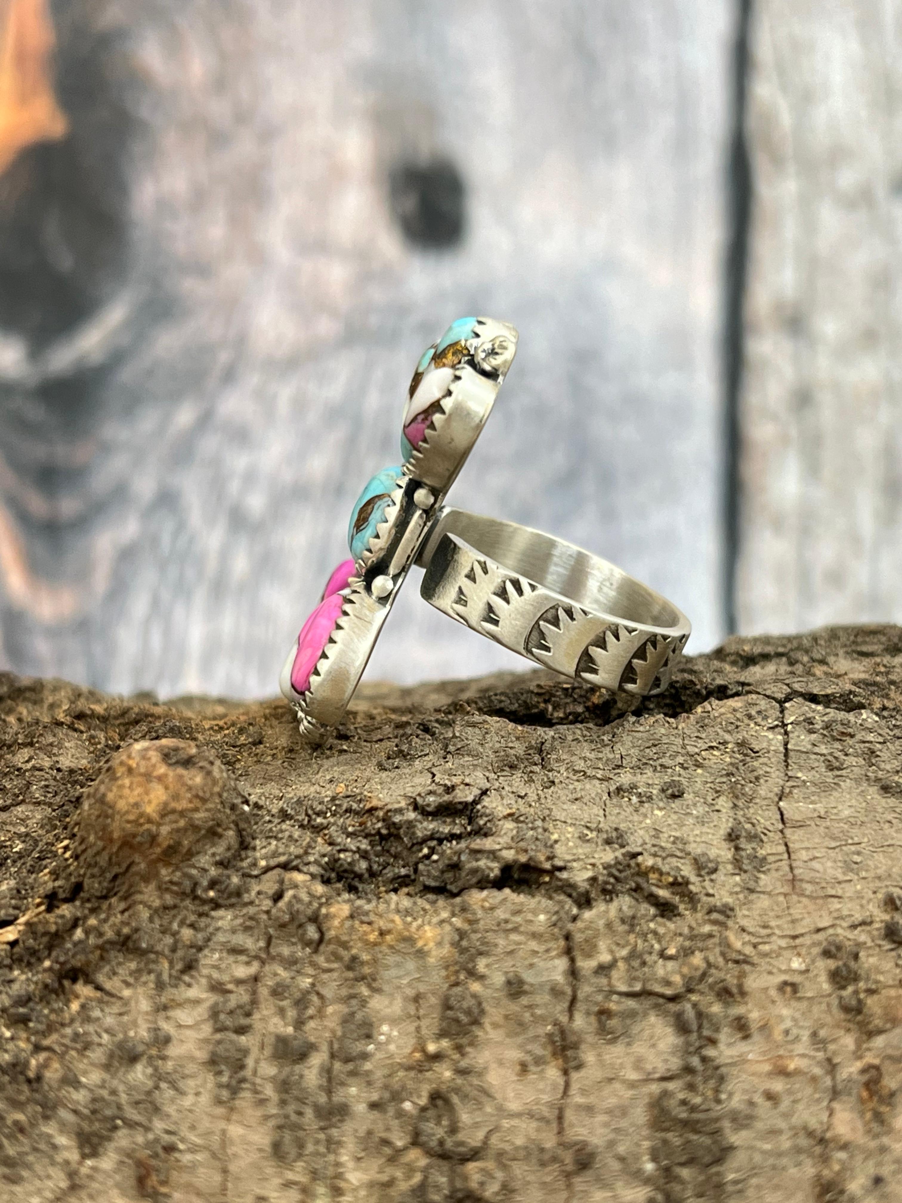 Handmade Sterling Silver Cotton Candy Turquoise Adjustable Ring with Signed Nizhoni