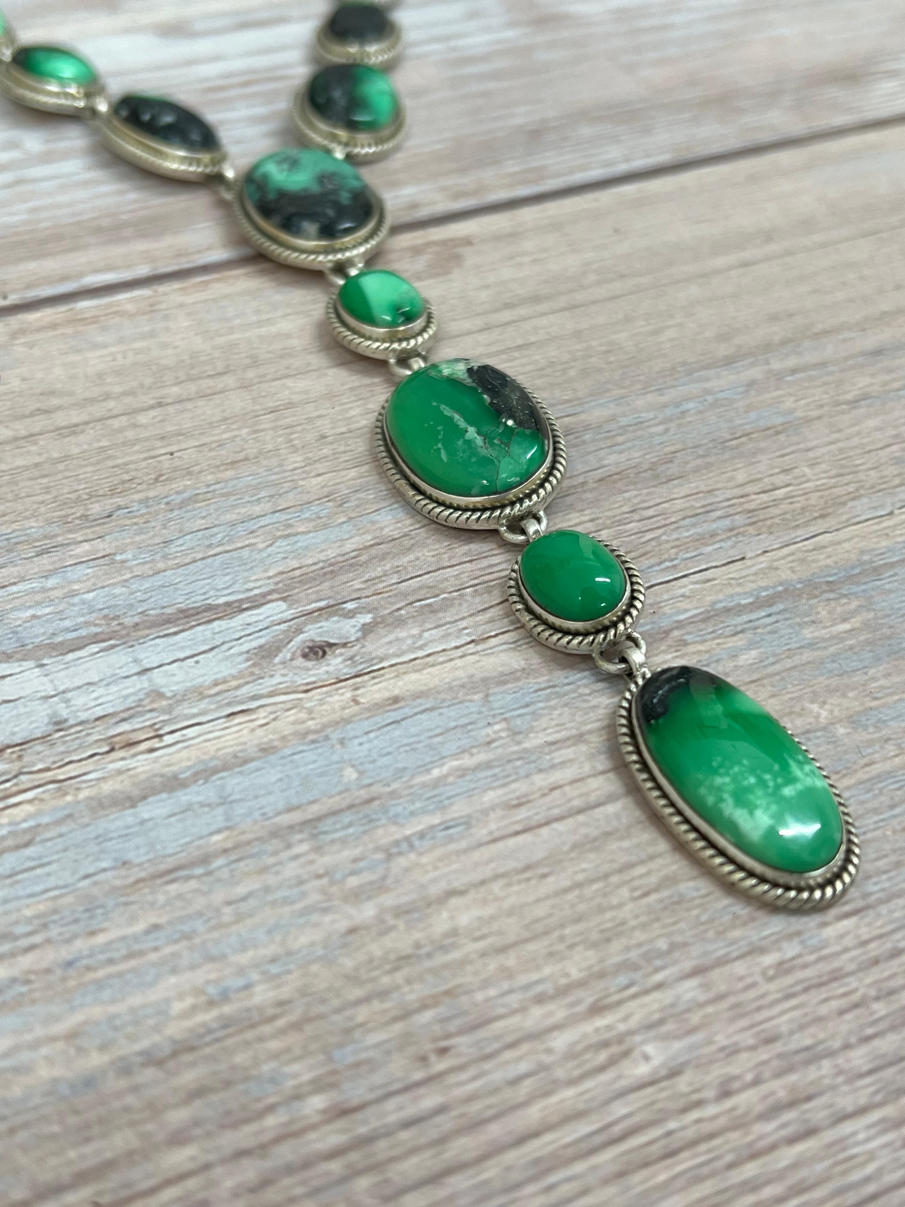 Handmade Sterling Silver Emerald Rose Necklace with Signed Nizhoni