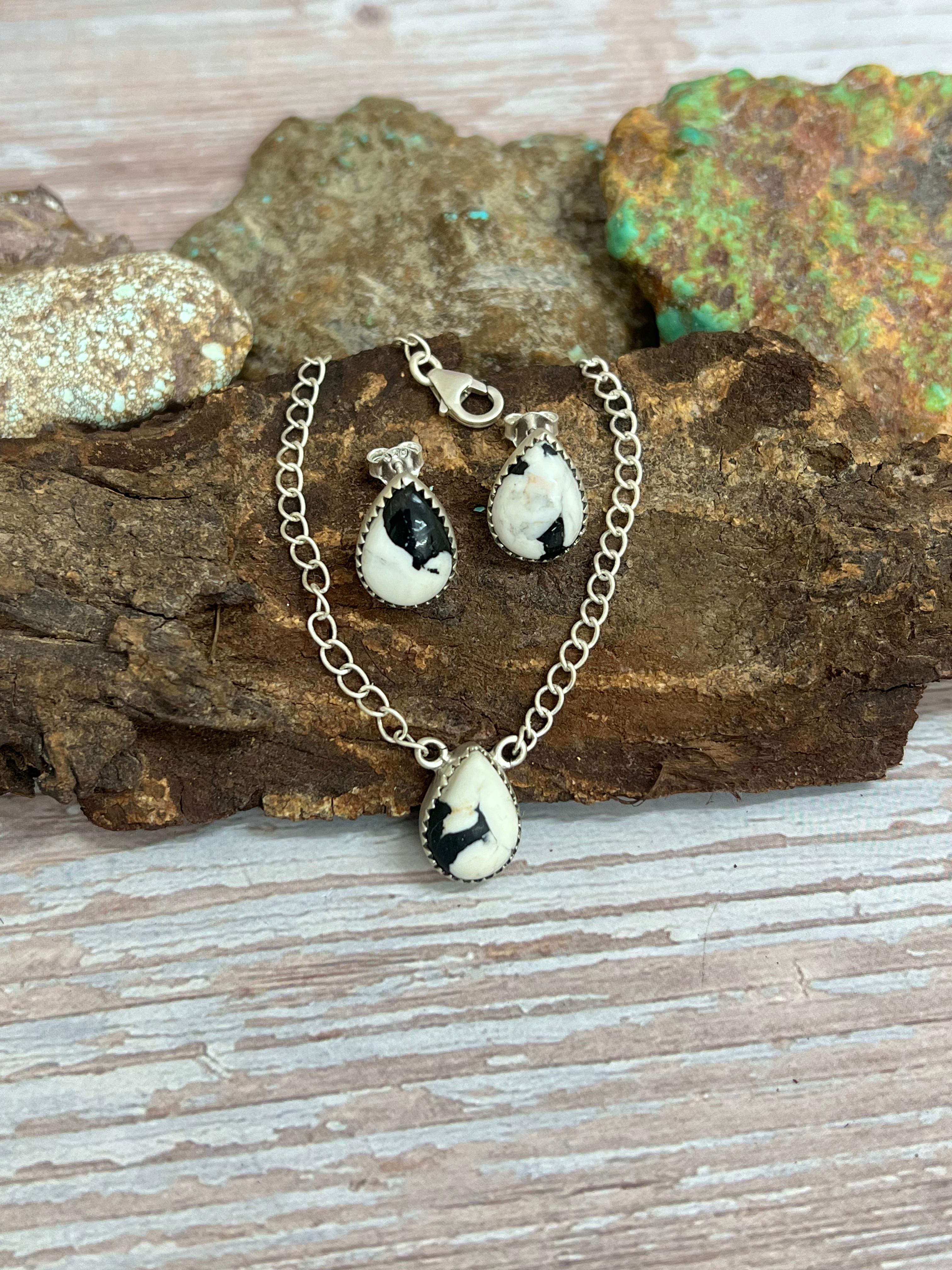 Handmade Sterling Silver White Buffalo Necklace Earrings Set with Signed Nizhoni