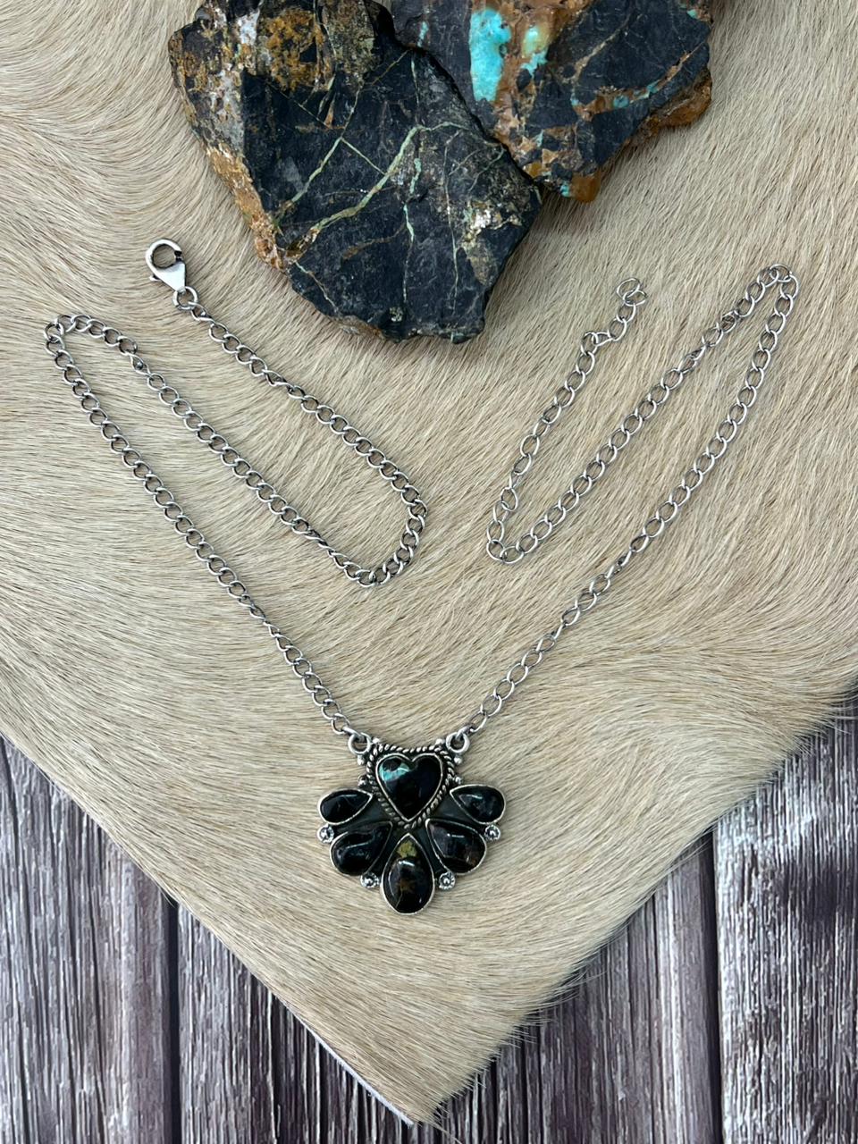 Handmade Sterling Silver Blackjack Turquoise Necklace "Signed Nizhoni"