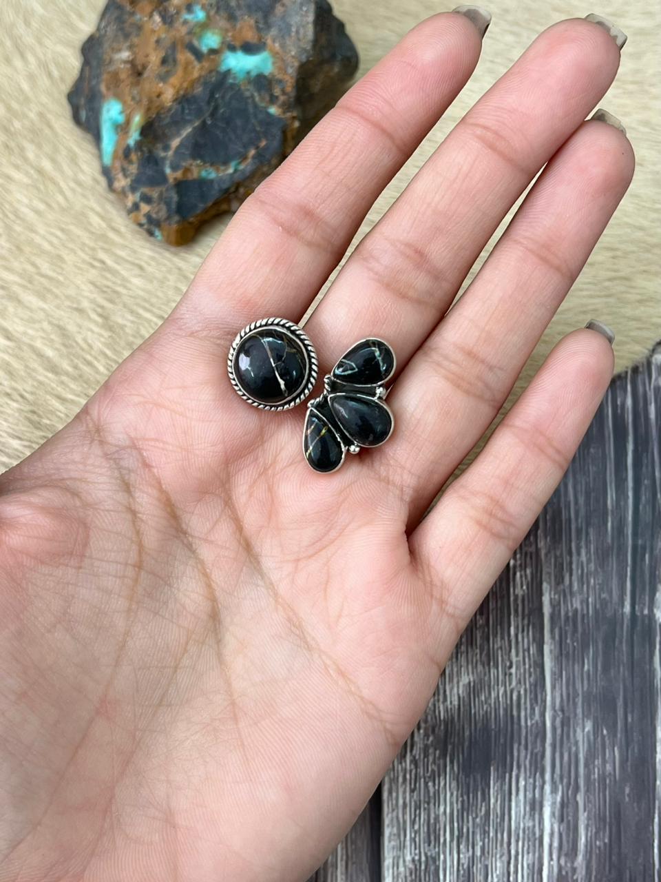 Handmade Sterling Silver Blackjack Turquoise Adjustable Ring "Signed Nizhoni"