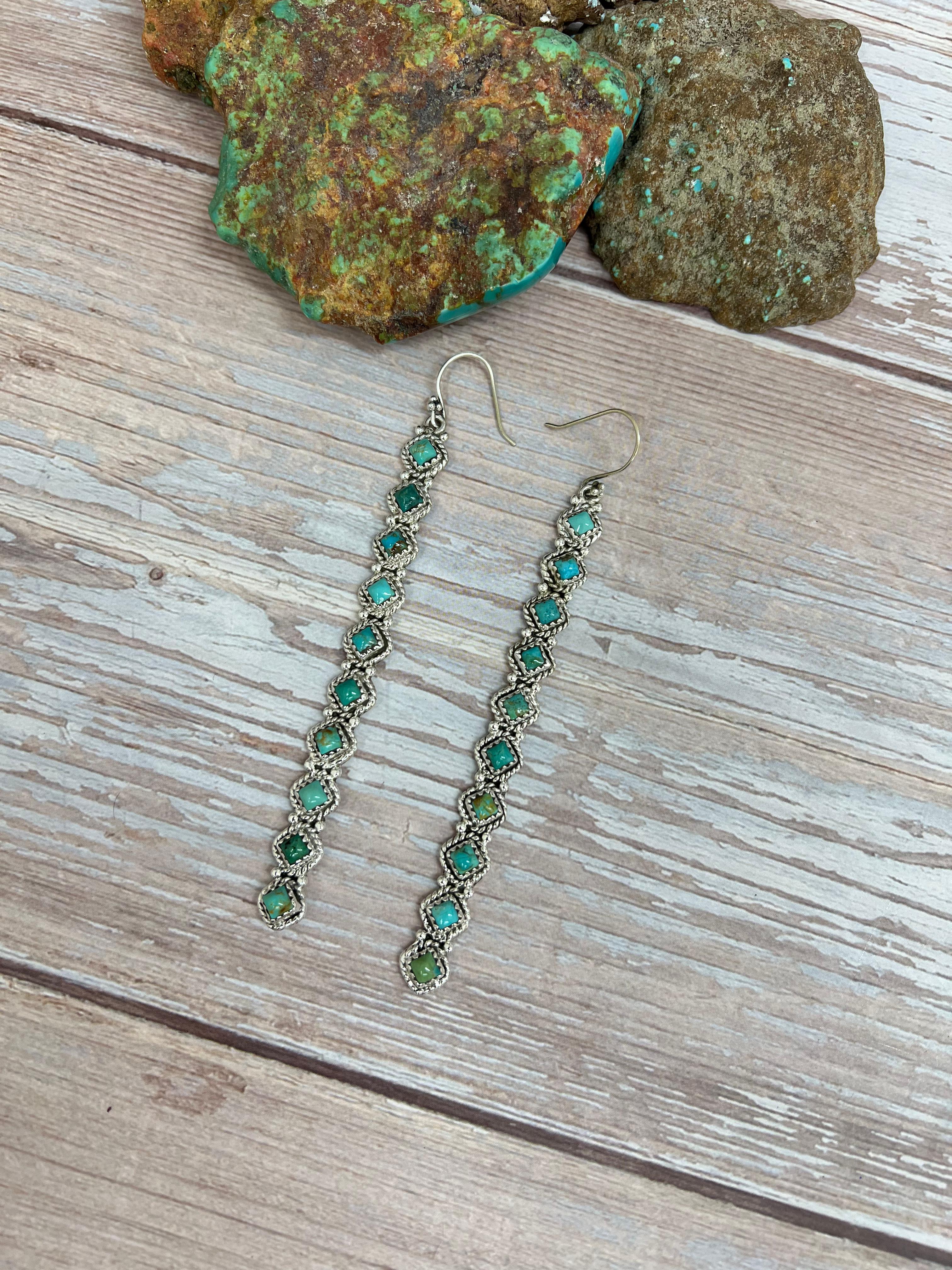 Handmade Sterling Silver Kingman Turquoise Post Dangle Earrings with Signed Nizhoni