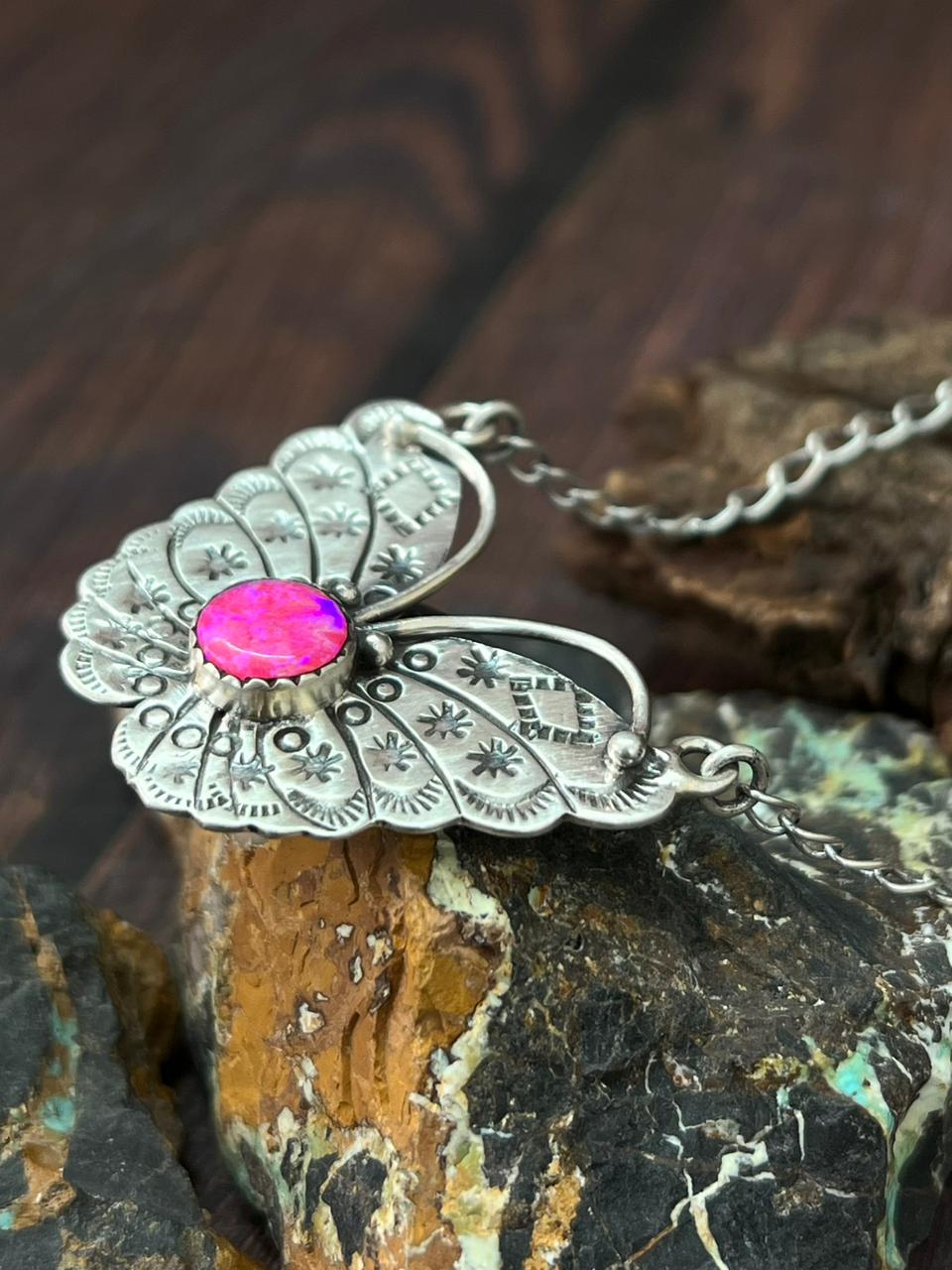 Handmade Sterling Silver Hot Pink Butterfly Necklace "Signed Nizhoni" (9)