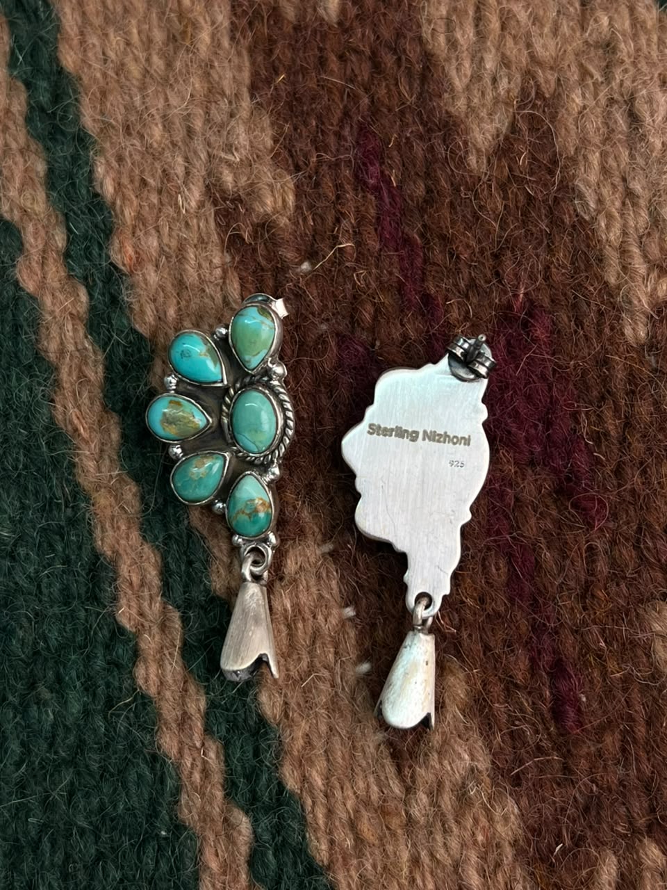 Handmade Sterling Silver Kingman Turquoise Post Squash Blossom Dangle Earrings Signed Nizhoni