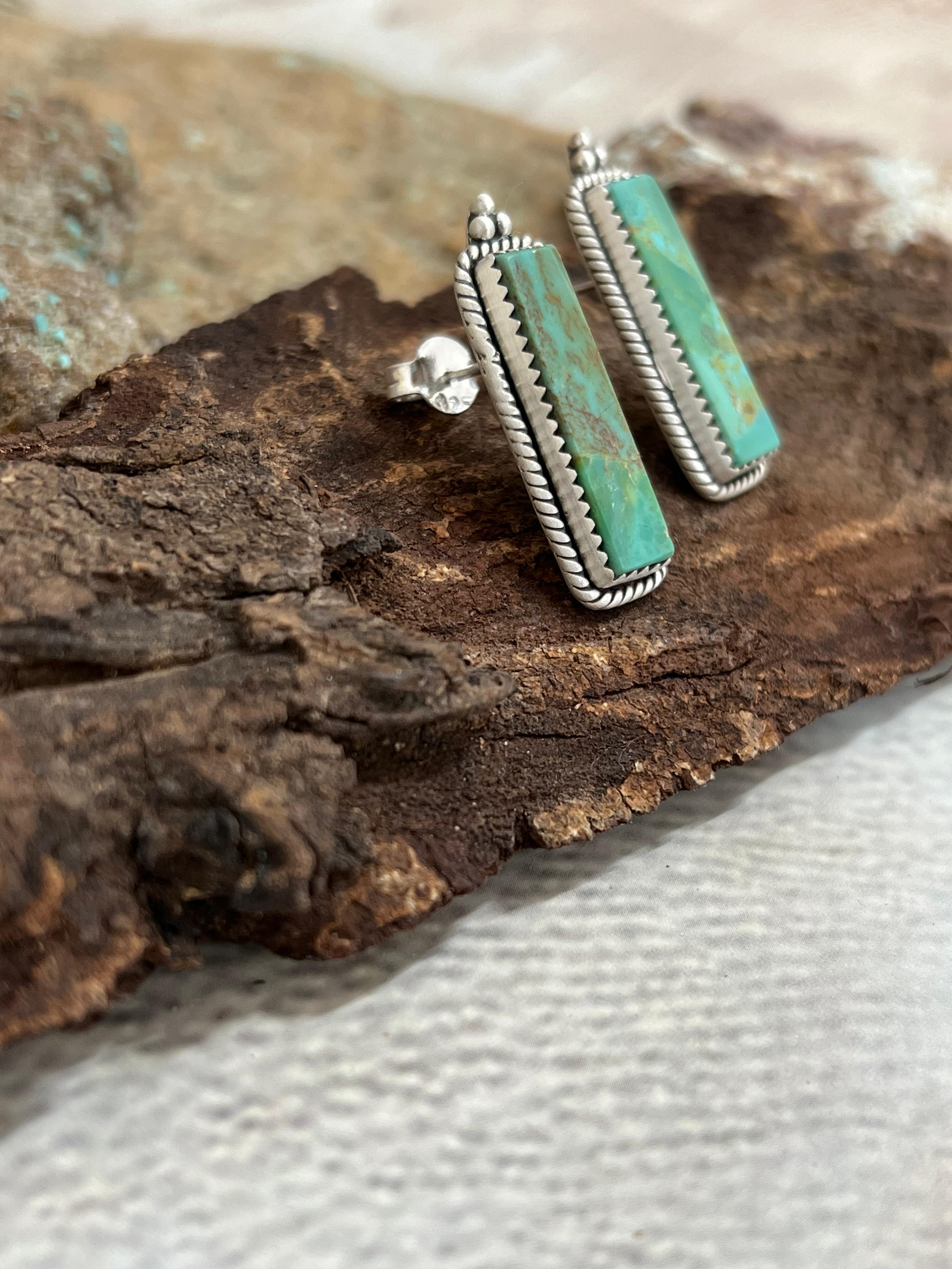 Handmade Sterling Silver Kingman Turquoise Post Studs with Signed Nizhoni