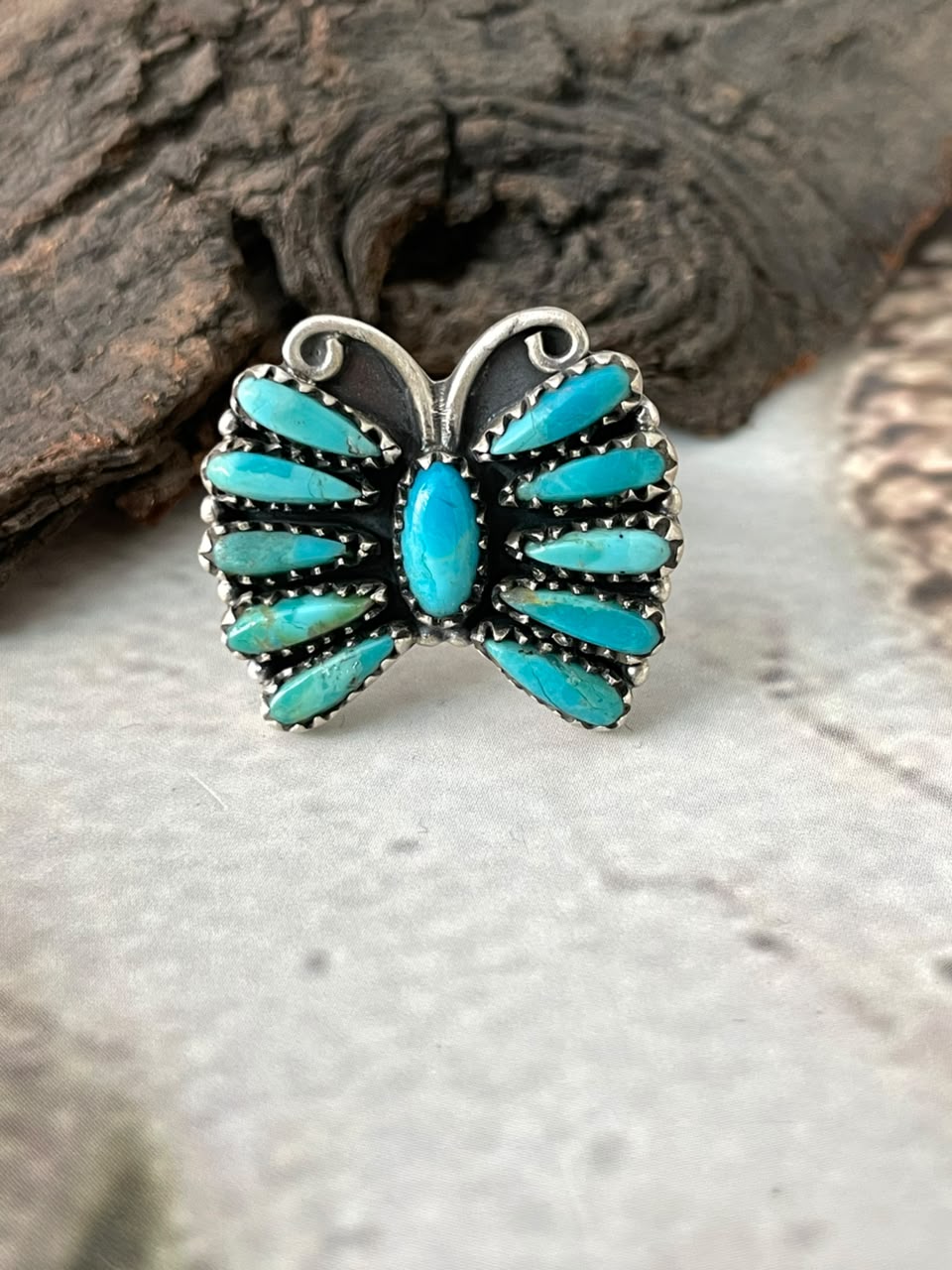 Handmade Sterling Silver Kingman Turquoise Butterfly Adjustable Ring Signed Nizhoni