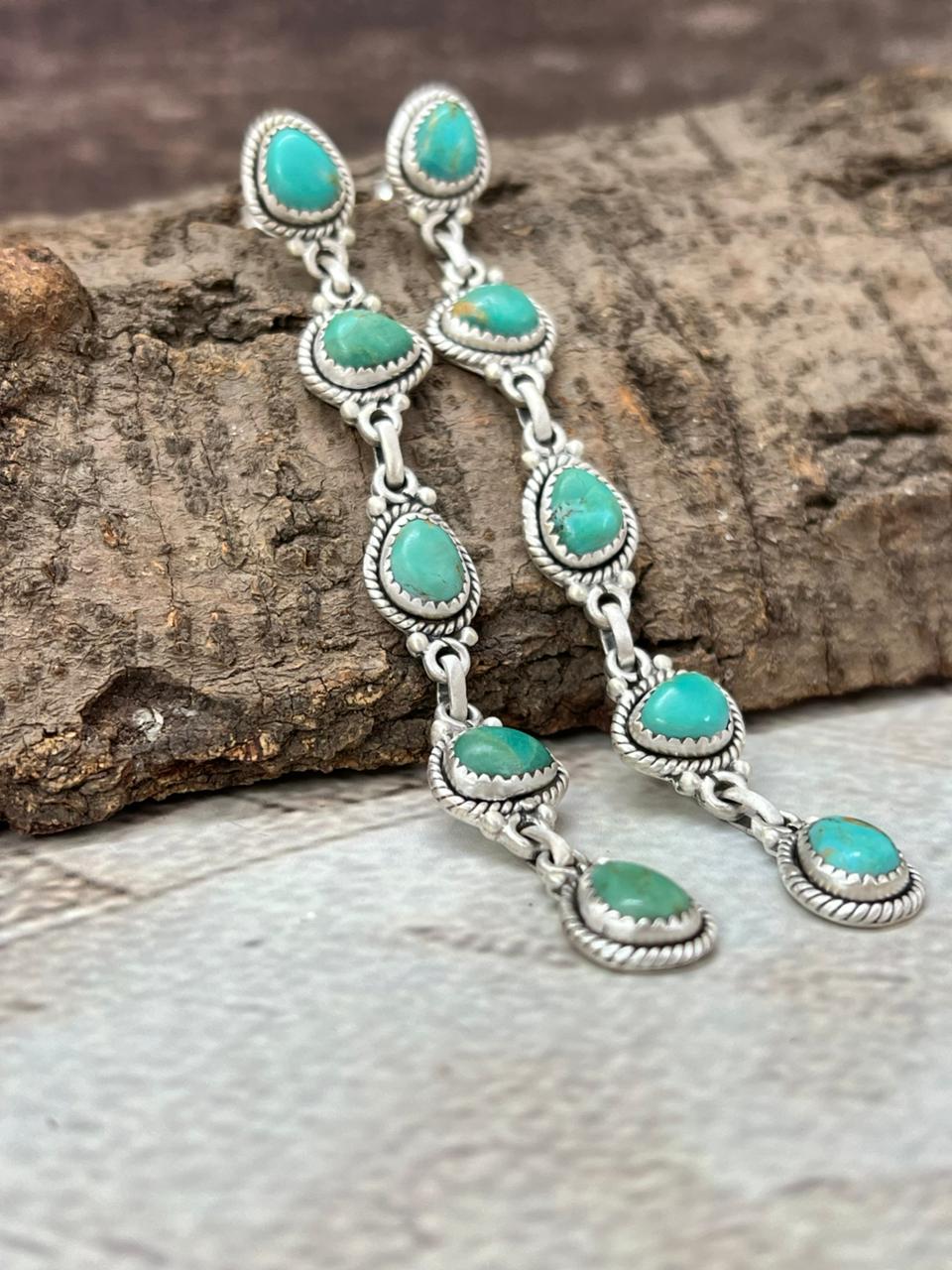 Handmade Sterling Silver Kingman Turquoise Post Dangle Earrings with Signed Nizhoni