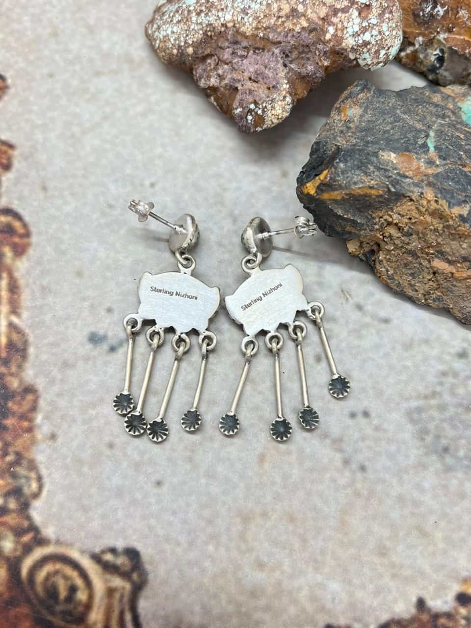 Handmade Sterling Silver Kingman Turquoise Post Dangle Earrings "Signed Nizhoni"