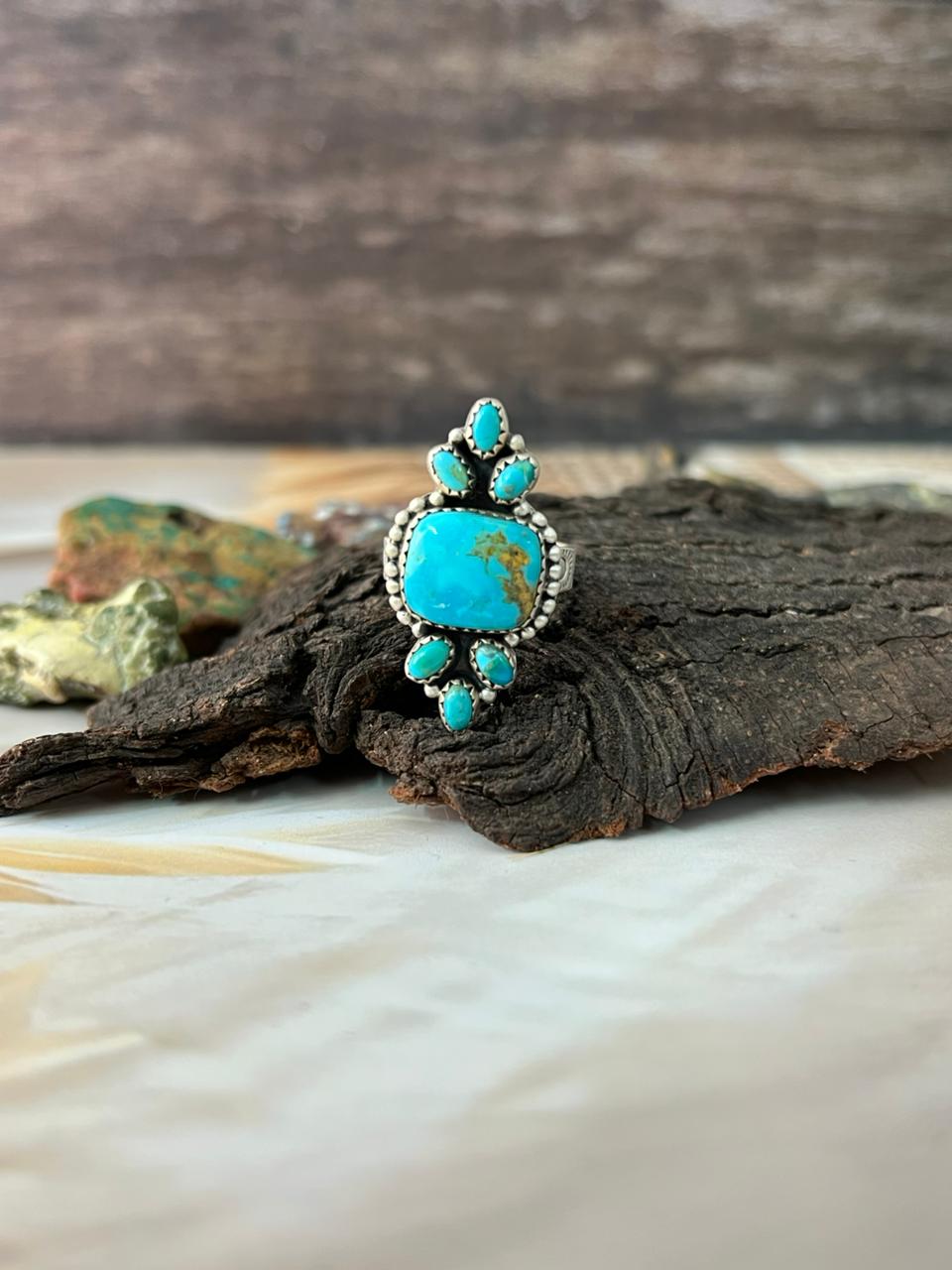 Handmade Sterling Silver Santa Maria with Kingman Turquoise Adjustable Ring "Signed Nizhoni"