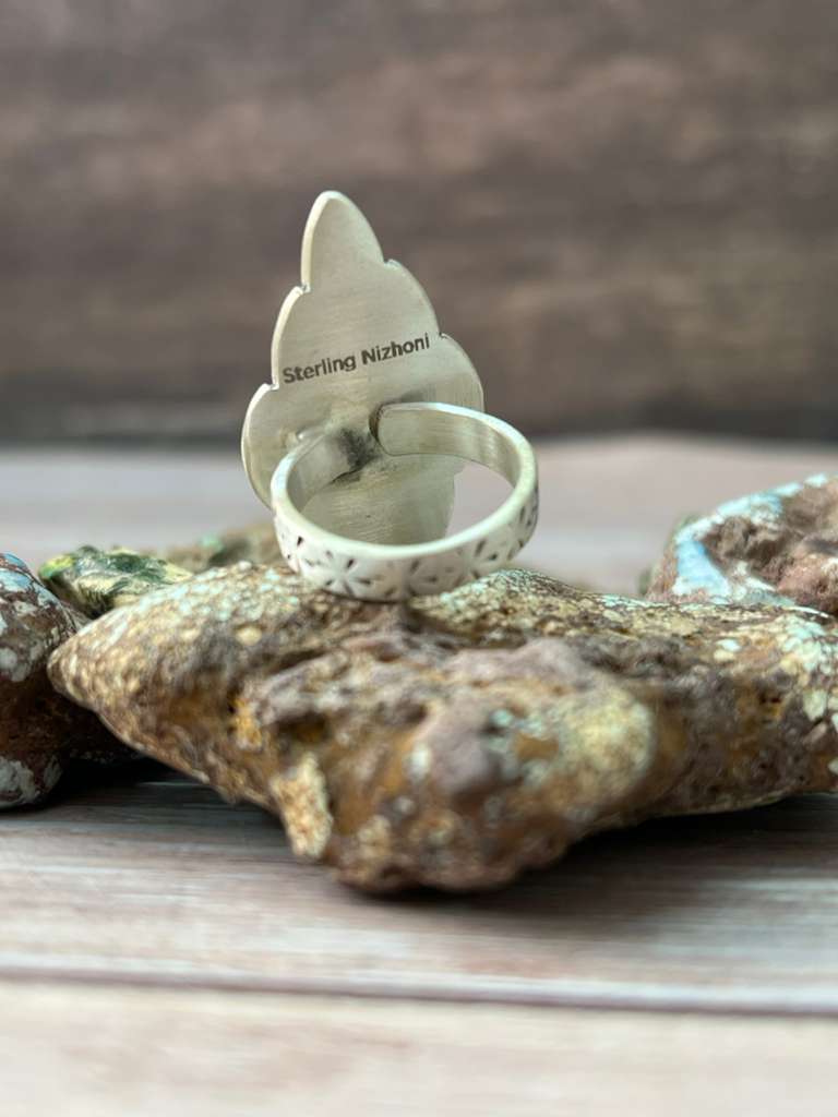 Handmade Sterling Silver Kingman Turquoise Adjustable Ring "Signed Nizhoni"