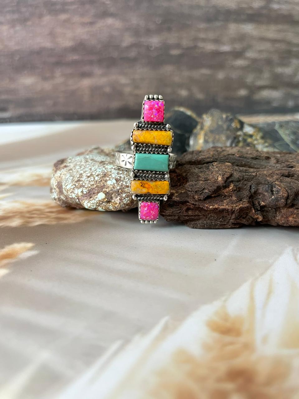 Handmade Sterling Silver Spring Collection: Hot Pink with Bumblebee and Kingman Adjustable Ring "Signed Nizhoni"