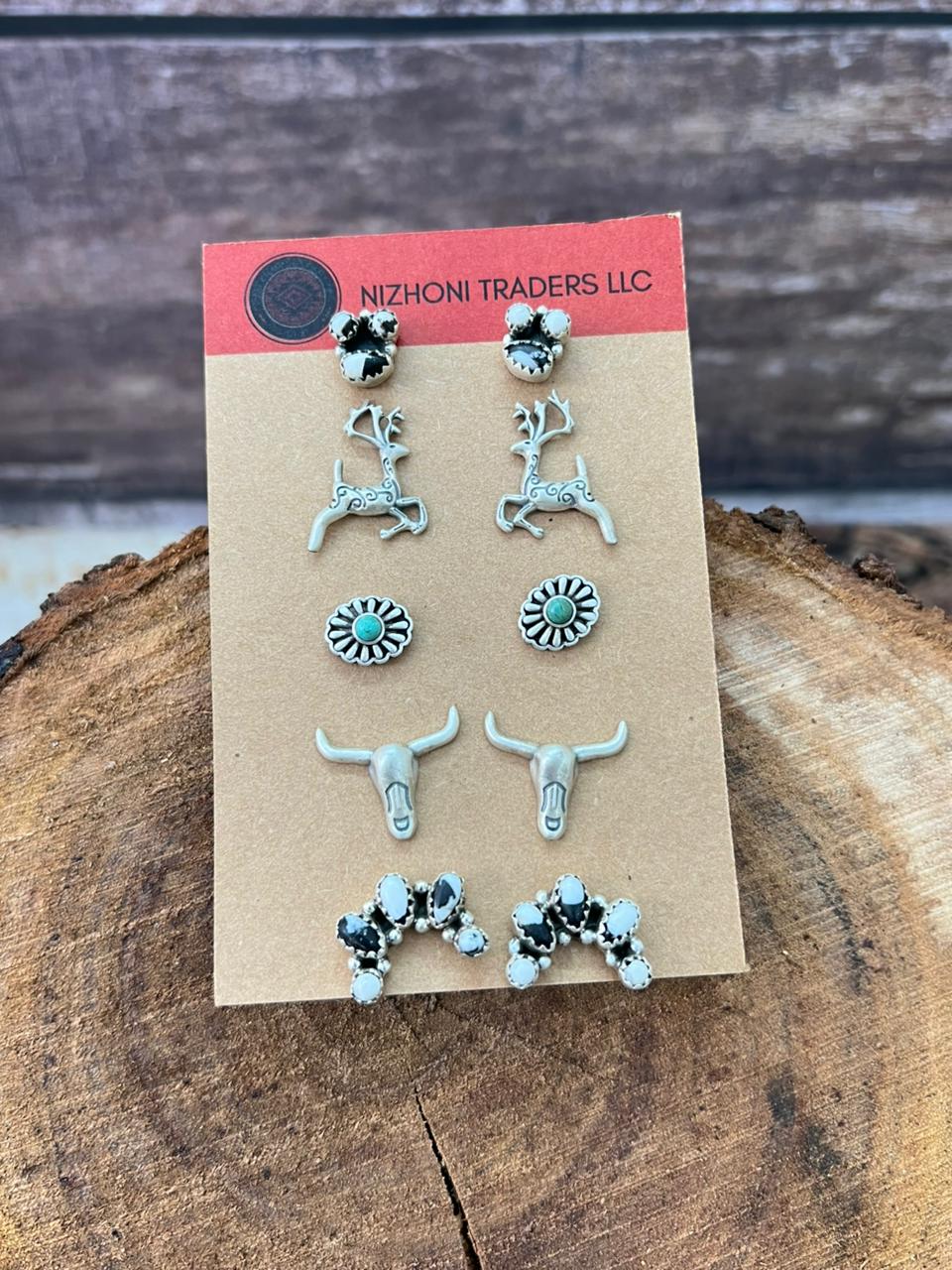 Handmade Sterling Silver White Buffalo with Kingman Turquoise Post Studs Earrings Set (1)