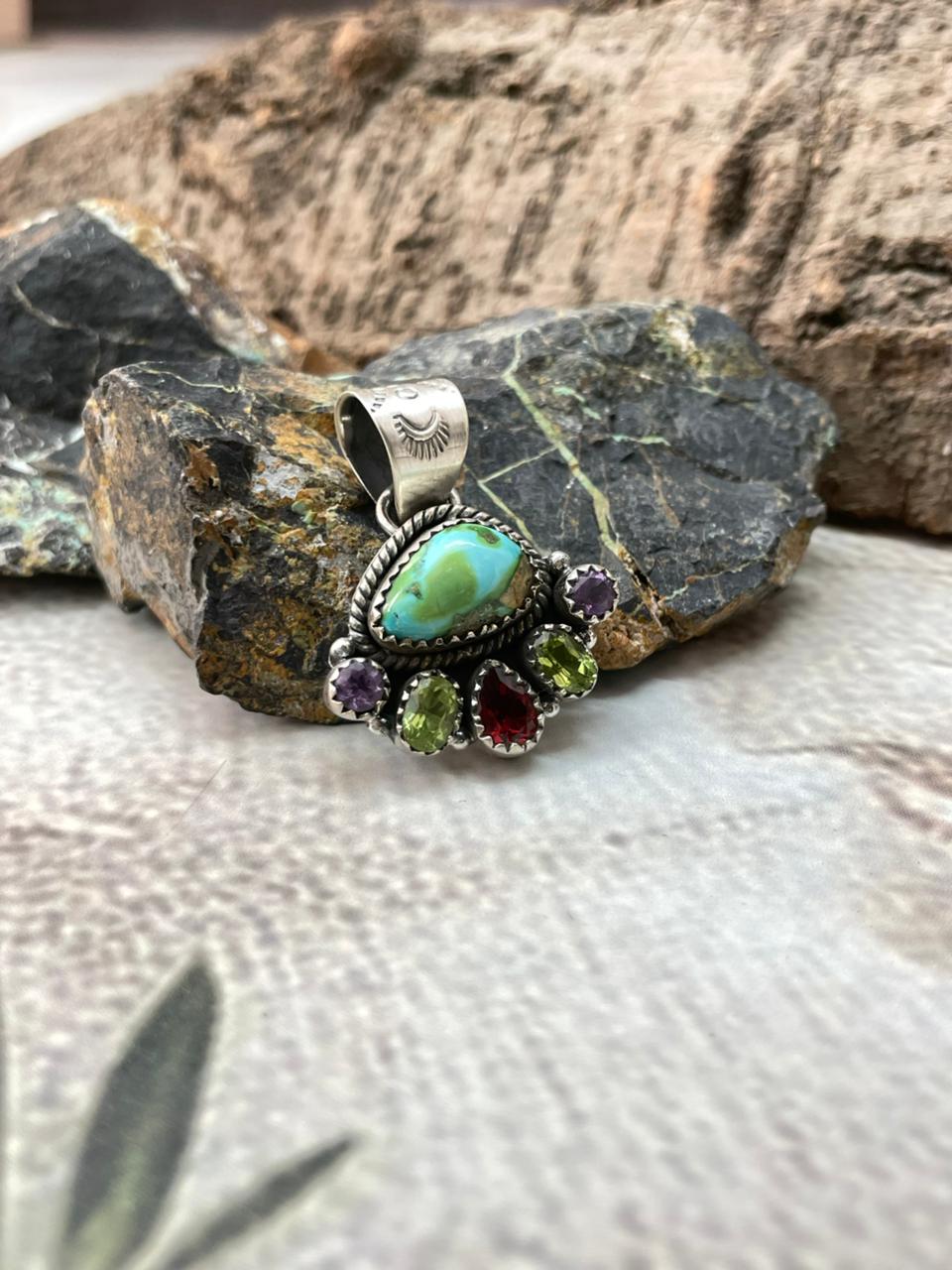 Handmade Sterling Silver Sonoran with Cut Stones Pendant "Signed Nizhoni"