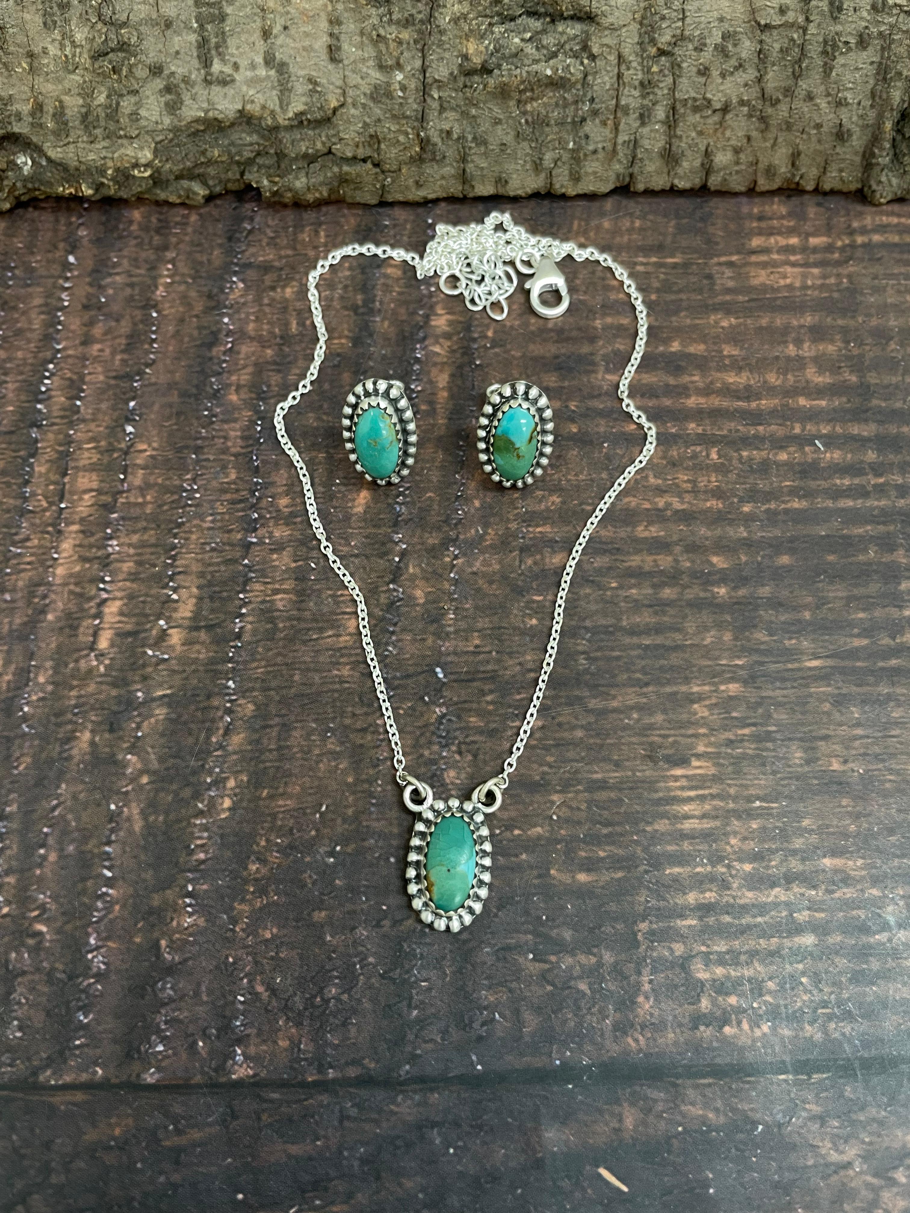 Handmade Sterling Silver Kingman Turquoise Necklace Earrings Set with Signed Nizhoni